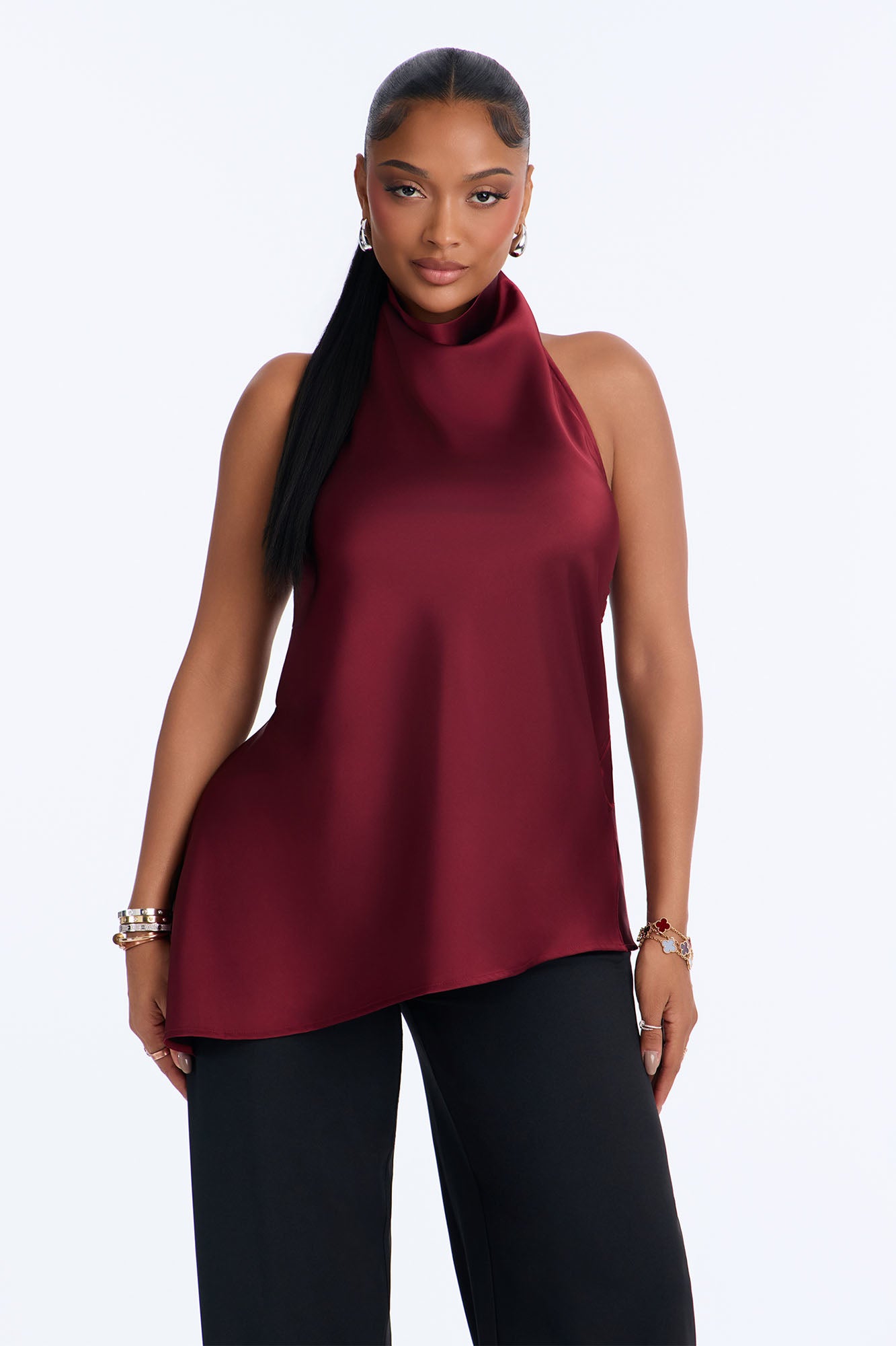 Teagan High Neck Satin Halter Top - Burgundy