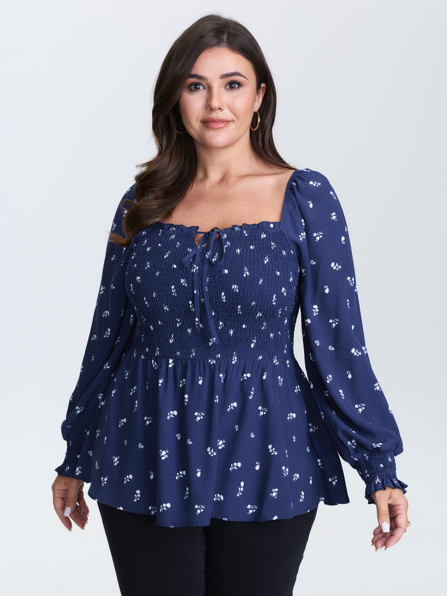 Micro-Floral Print Shirred Blouse