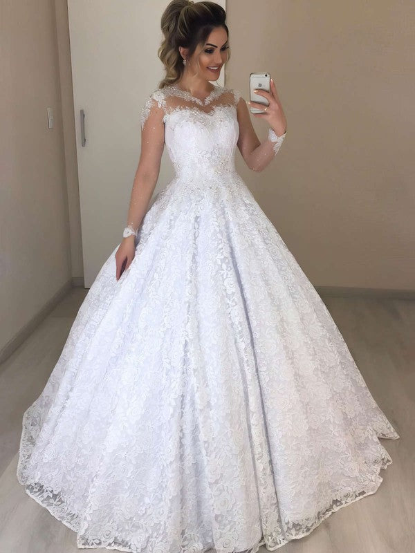 Beautiful Long Sleeves Lace Ball Gown Wedding Dresses with Sweep Train