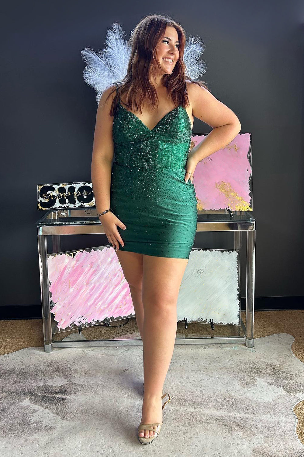 Sparkly Dark Green Spaghetti Straps Beaded Backless Tight Homecoming Dress/Mini Dress