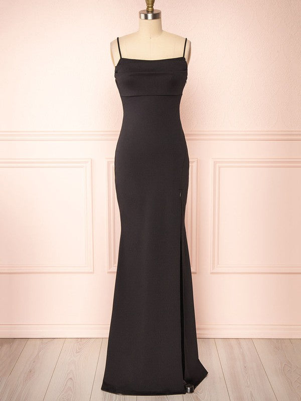 Deluxe Stretch Satin Sheath Square Neck Spaghetti Straps Floor-Length Bridesmaid Dresses
