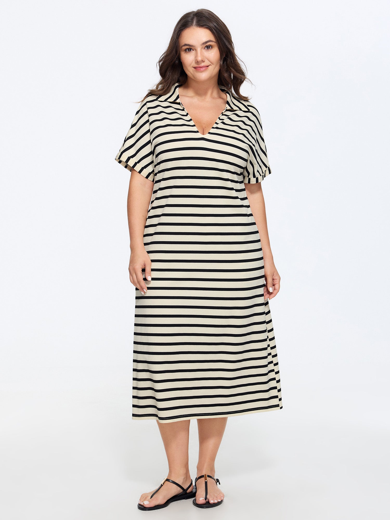 Stretchy Striped Print Collared Midi Dress