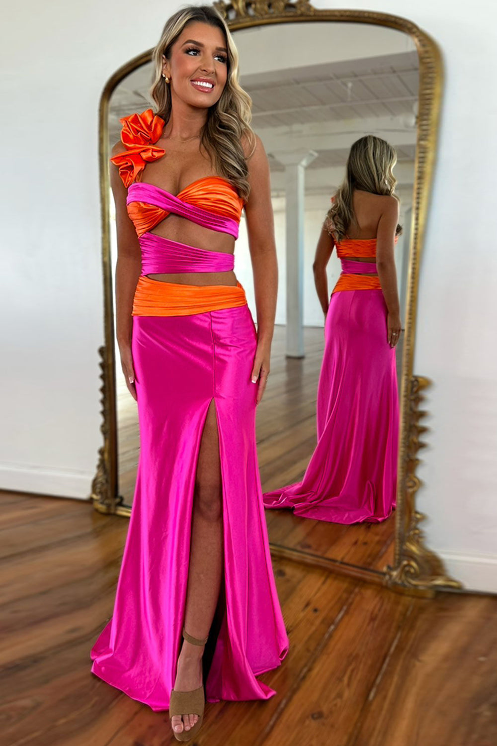 One Shoulder Fuchsia Prom Dress Featuring a Cut Out and Slit