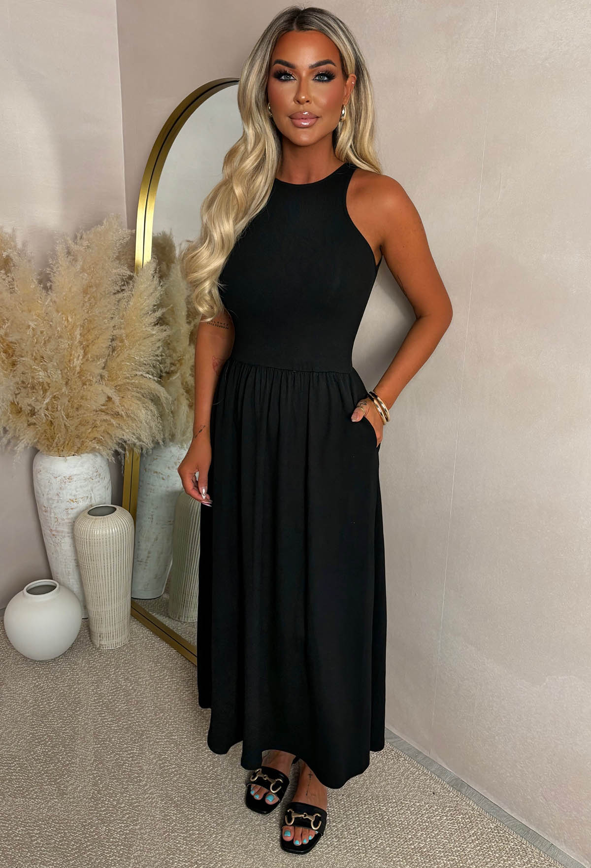 She's The Coolest Black Gathered Skirt Midaxi Dress