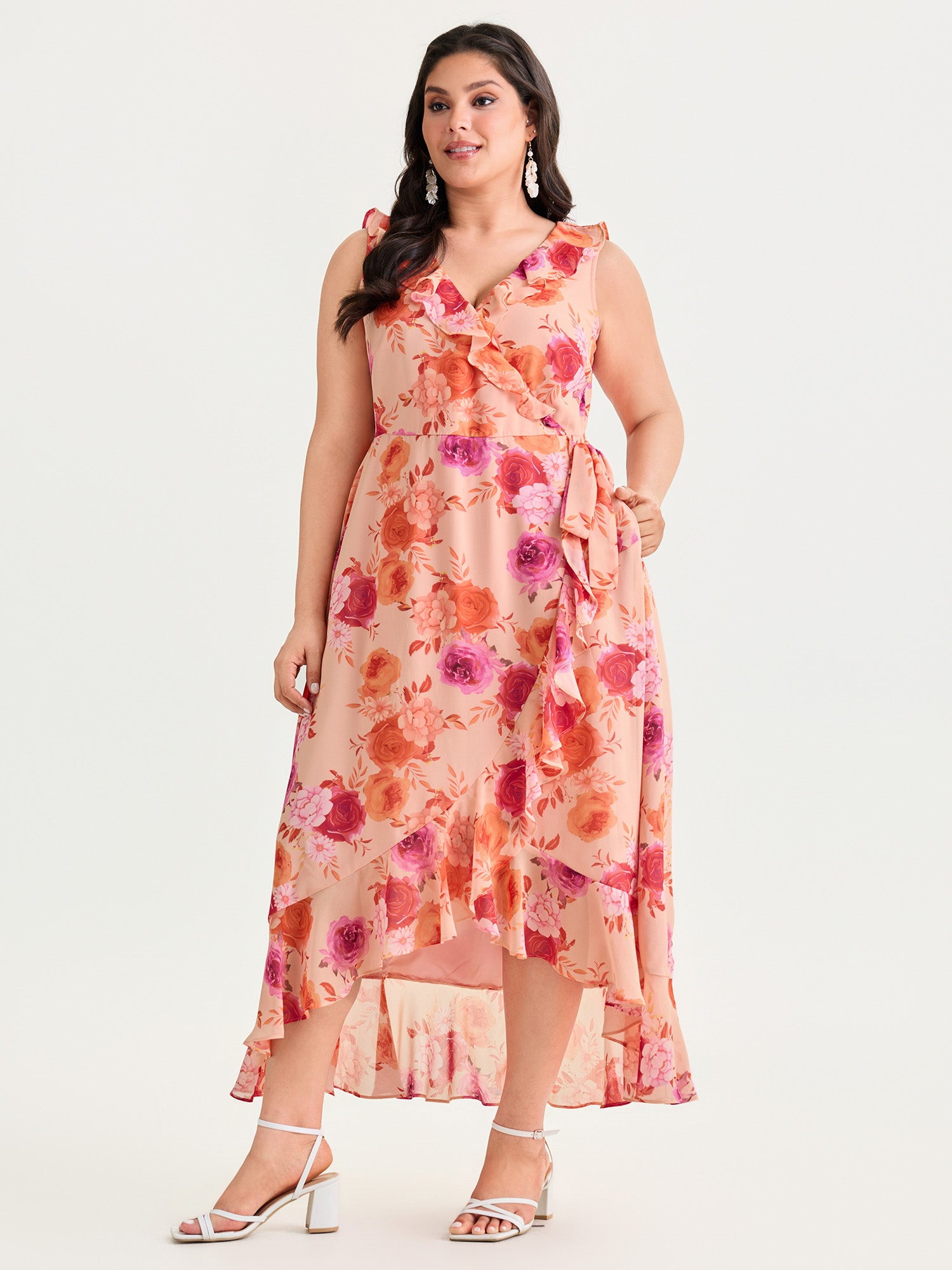 Floral Print Chiffon Flowy High Low Hem Midi Dress