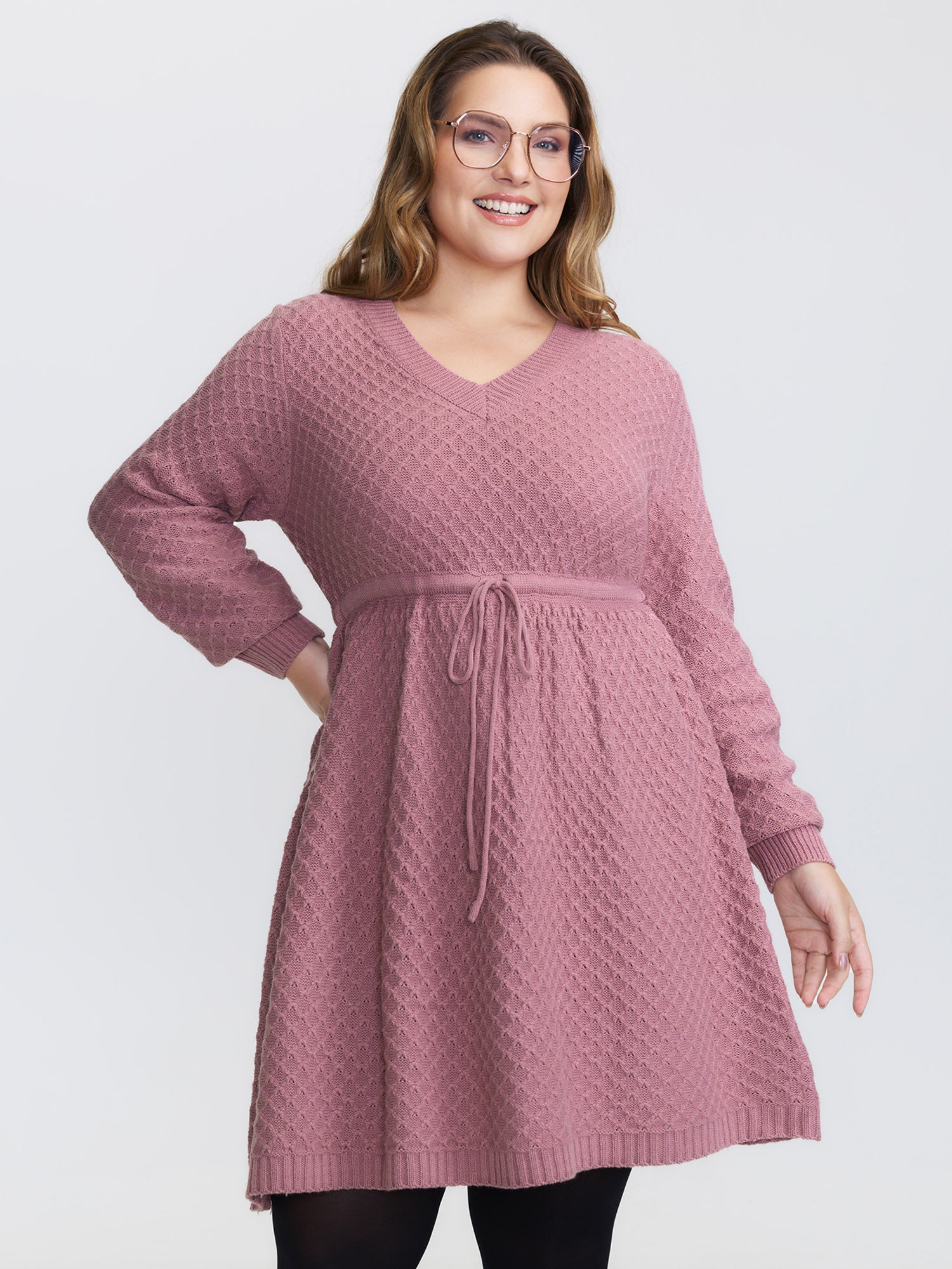 Textured Drawstring Waist V-Neck Sweater Dress