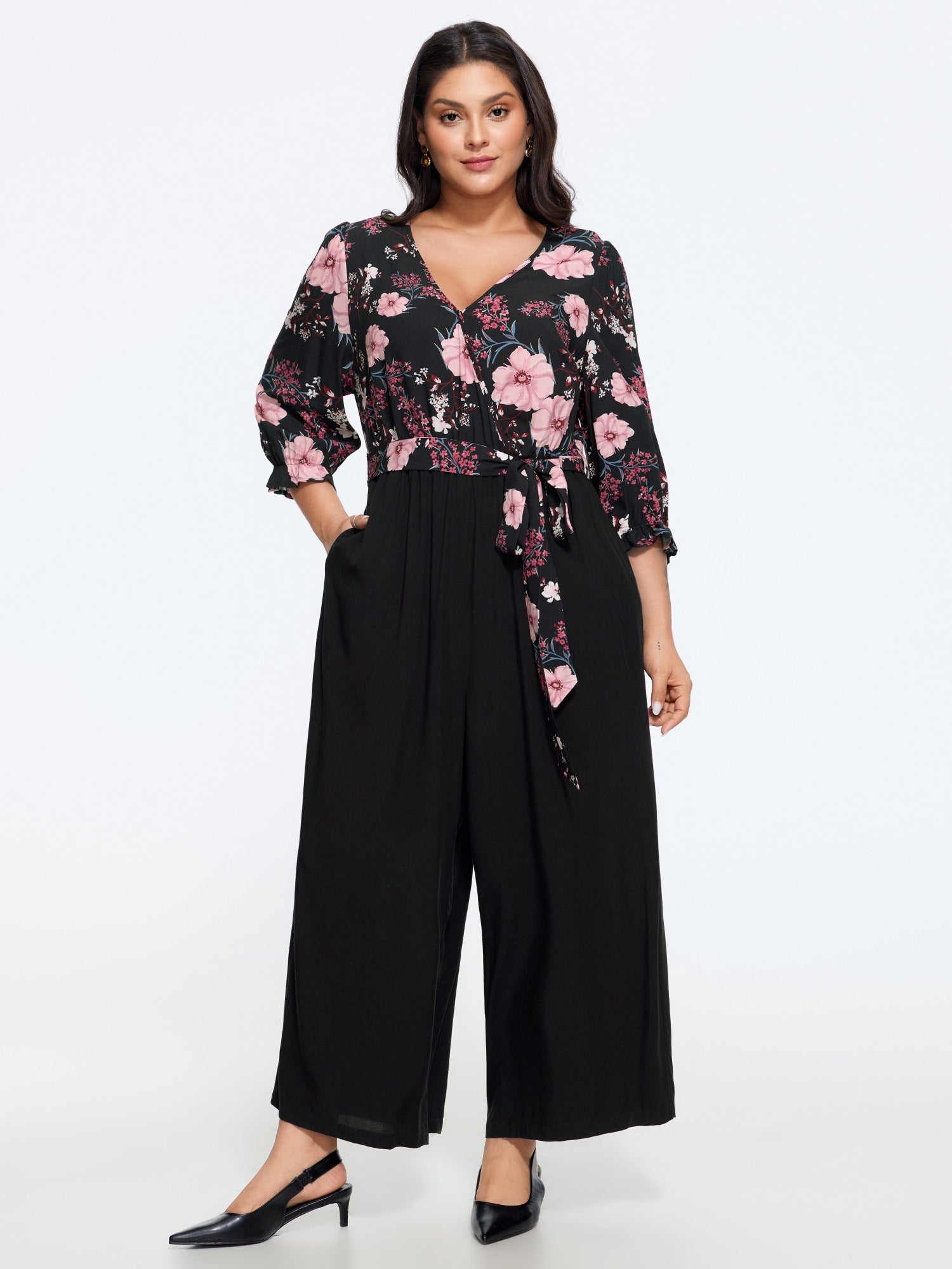 Floral Print Tie Waist Wide Leg Jumpsuit