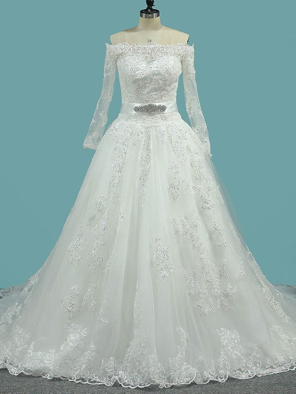 Elegant Off-The-Shoulder Long Sleeves Lace Court Train Wedding Dresses with Ribbon