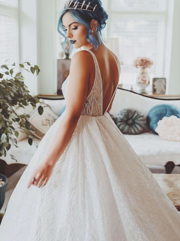 Chic Deep V-Neck Sequined Sleeveless Backless Court Train Ball Gown Wedding Dresses