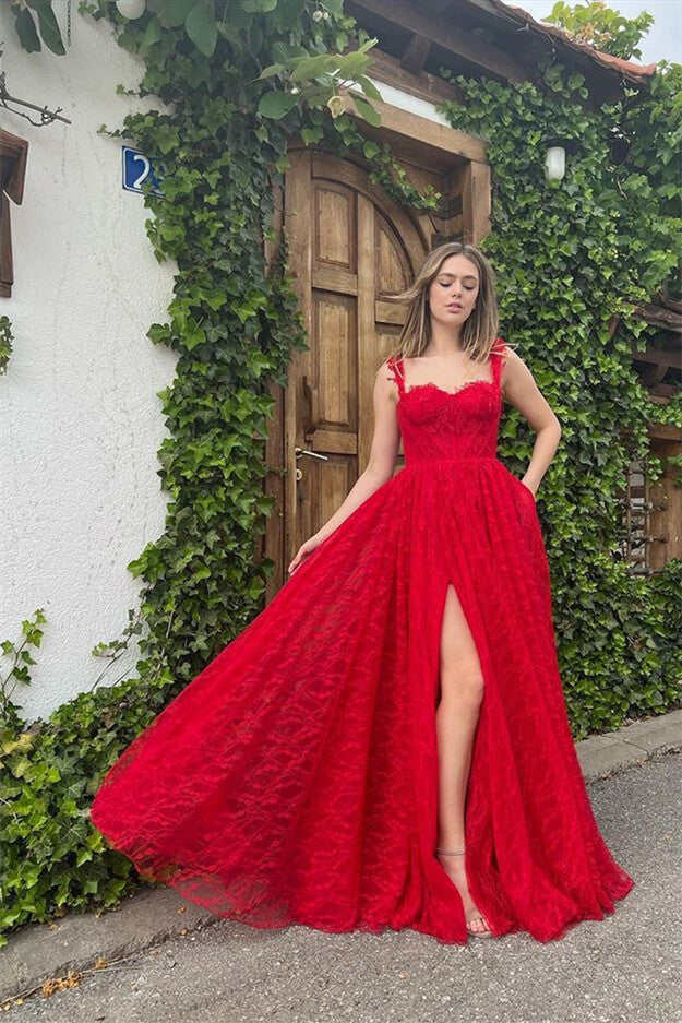 Red Evening Dress With Sleeveless Appliques Front Split