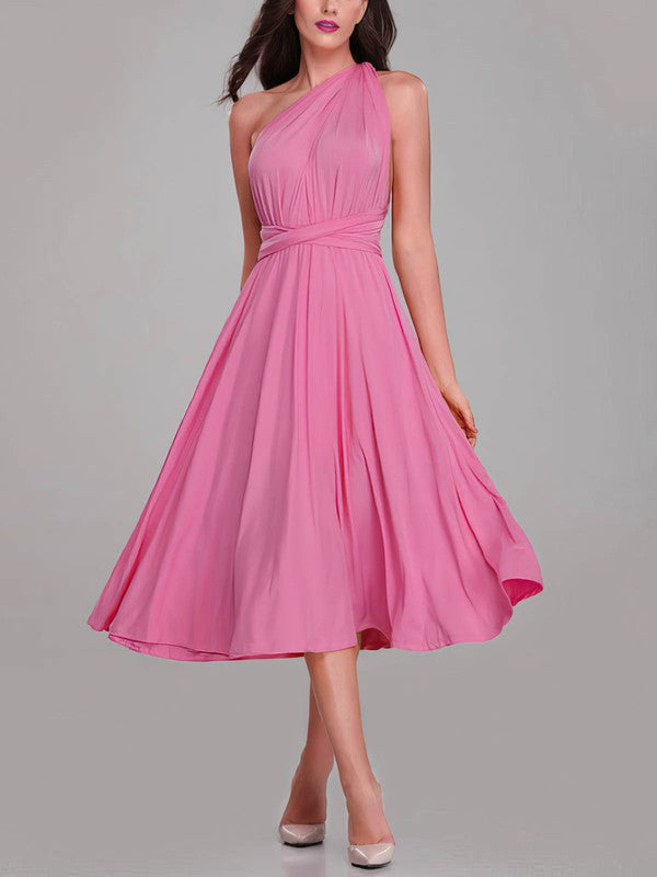Sexy A-Line One Shoulder Sleeveless Tea-Length Bridesmaid Dresses