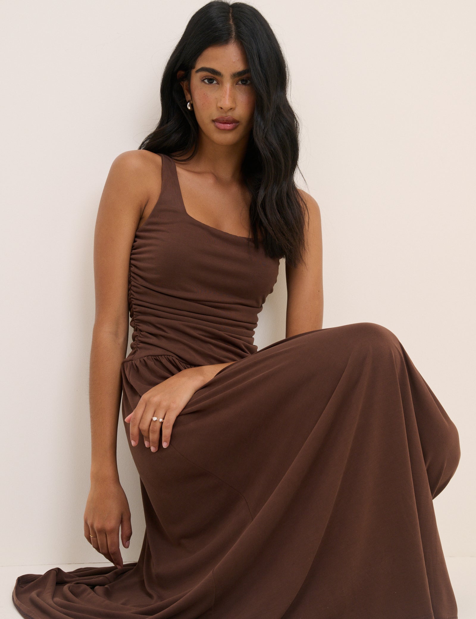 Brown Ruched Jersey Sleeveless Natalie Midi Dress