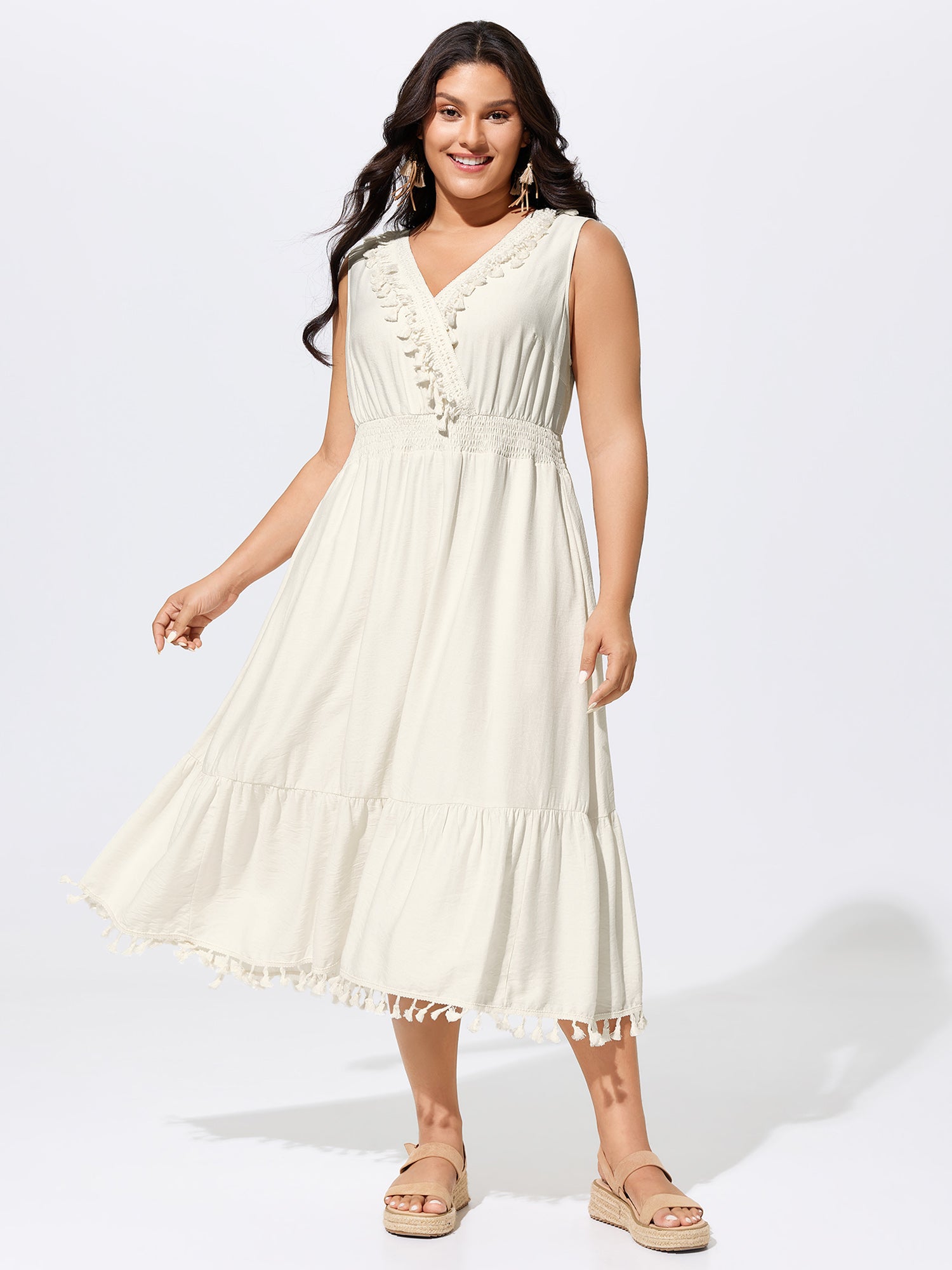 Tassel Lace Neckline Shirred Waist Midi Dress