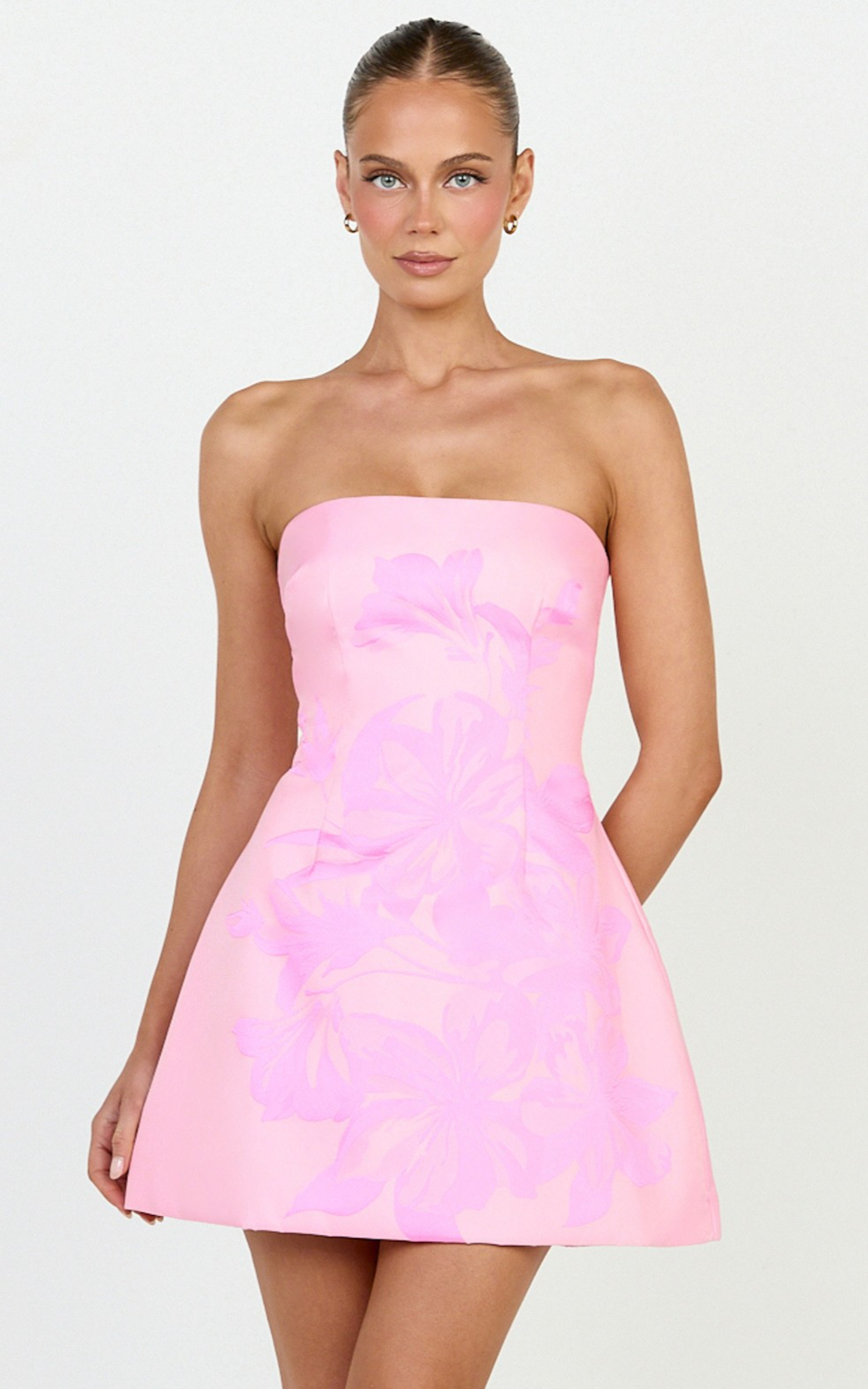 Emme Mini Dress - Strapless Jacquard Placement Floral A Line Dress in Pink