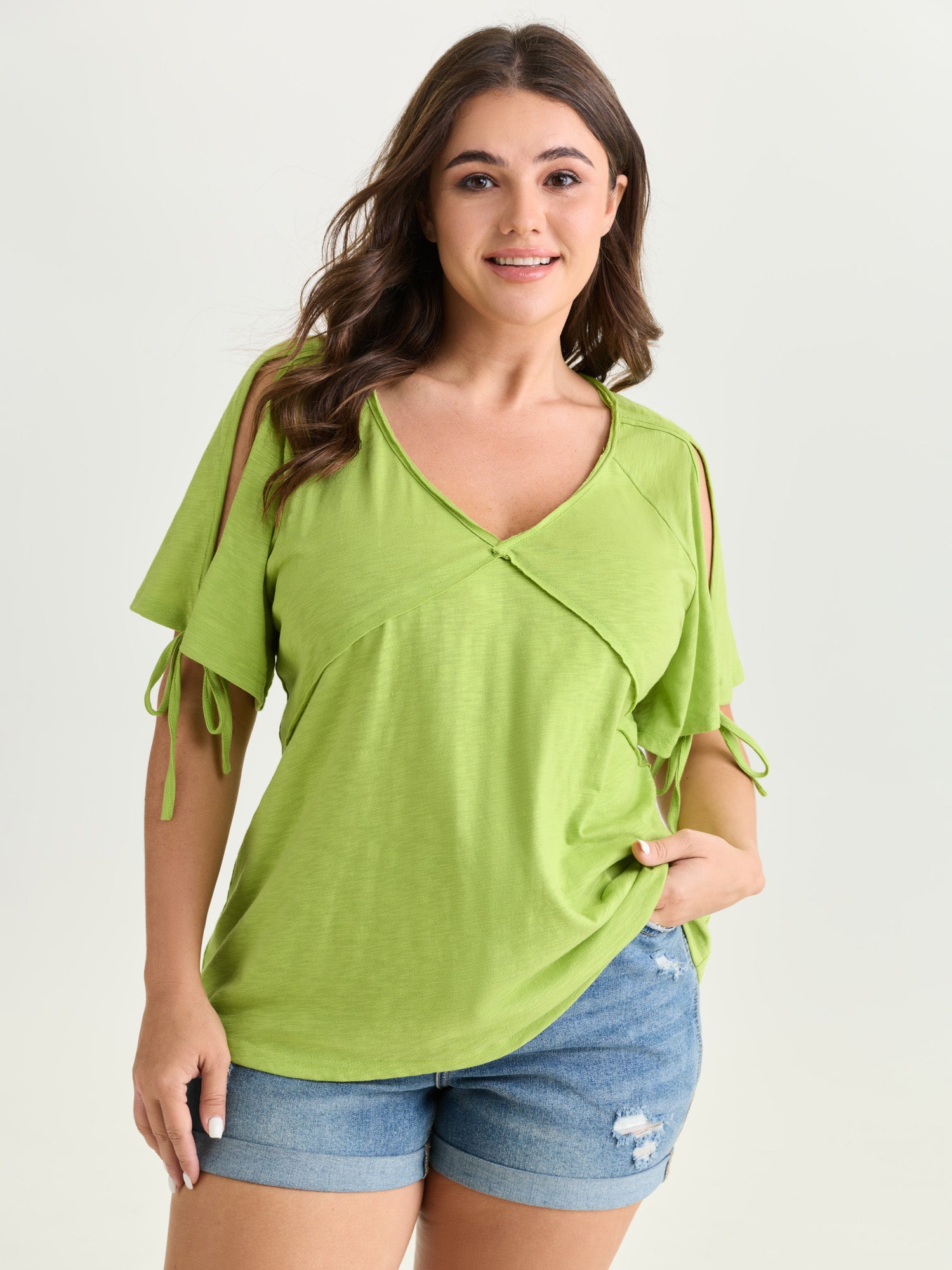 Shoulder Cut-Out Ties V-Neck T-Shirt
