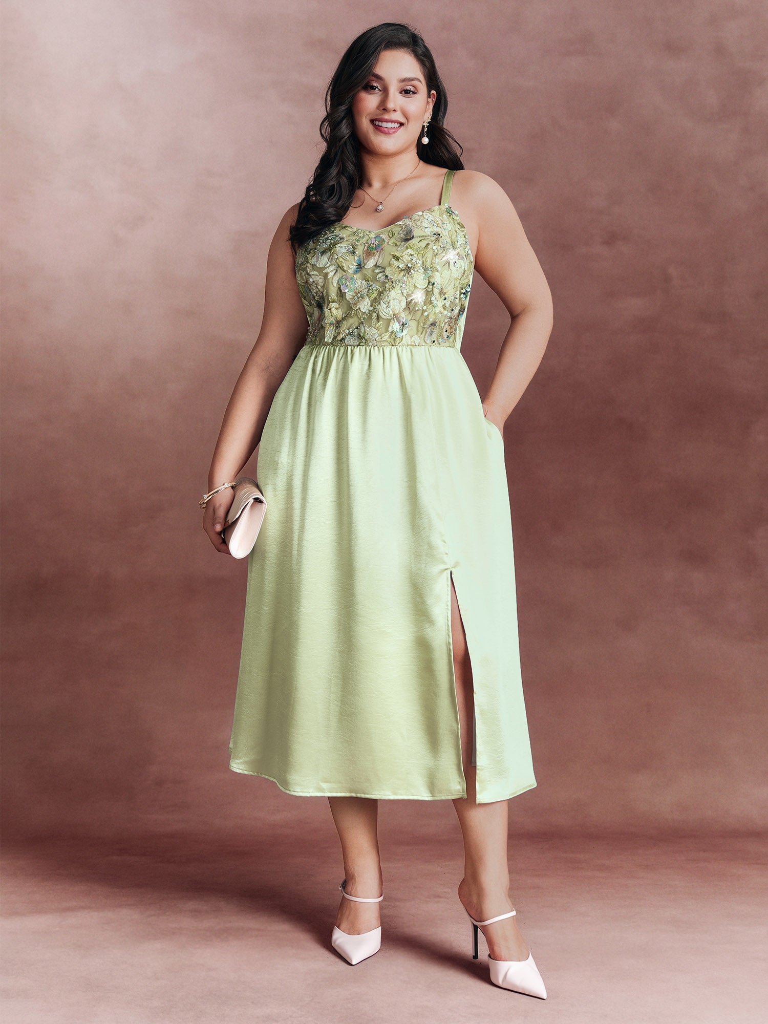 Sequin Floral Embroidered Satin Slit Hem Midi Dress