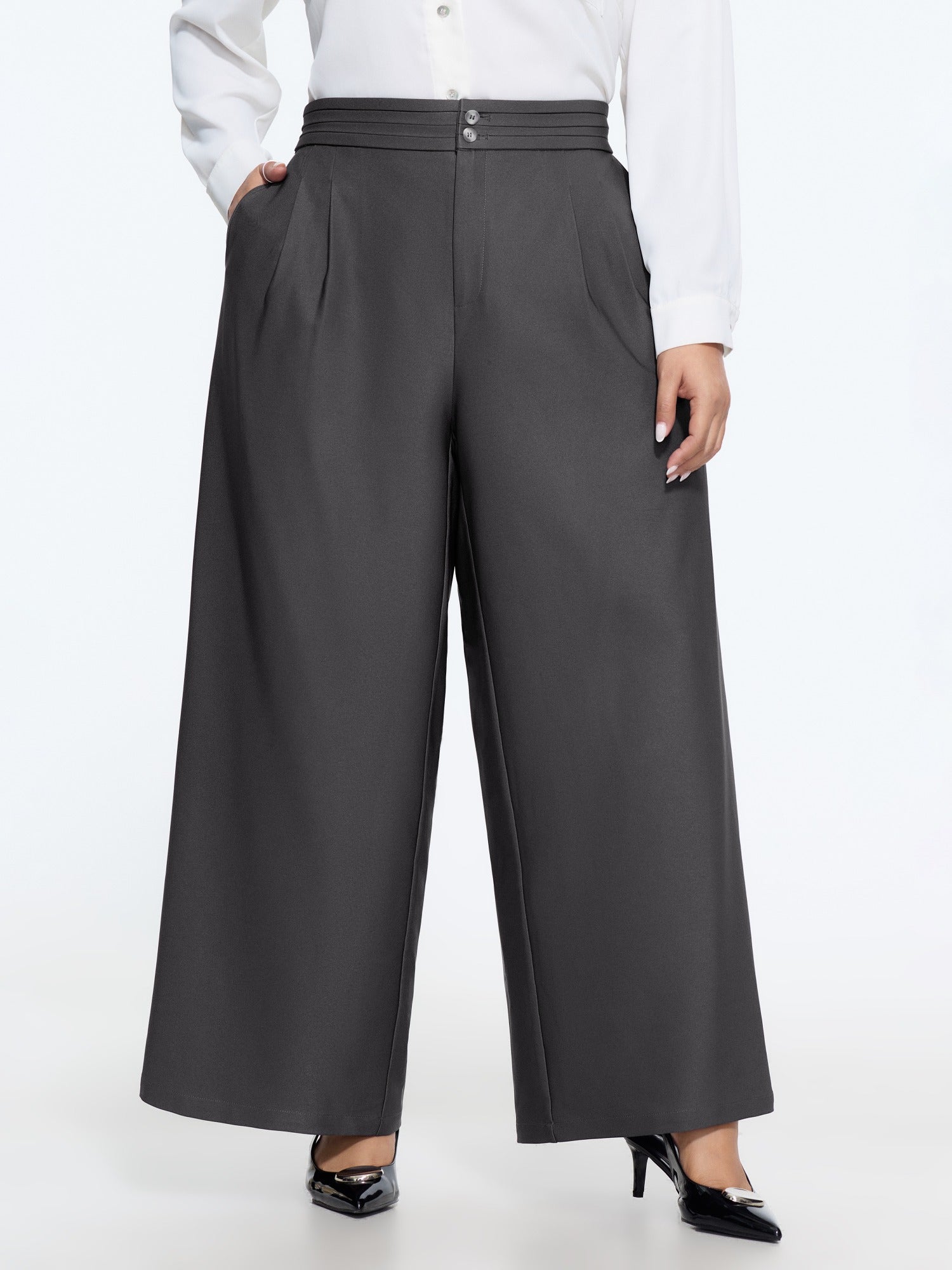 Double Button Waist Pleated Wide Leg Suit Pants