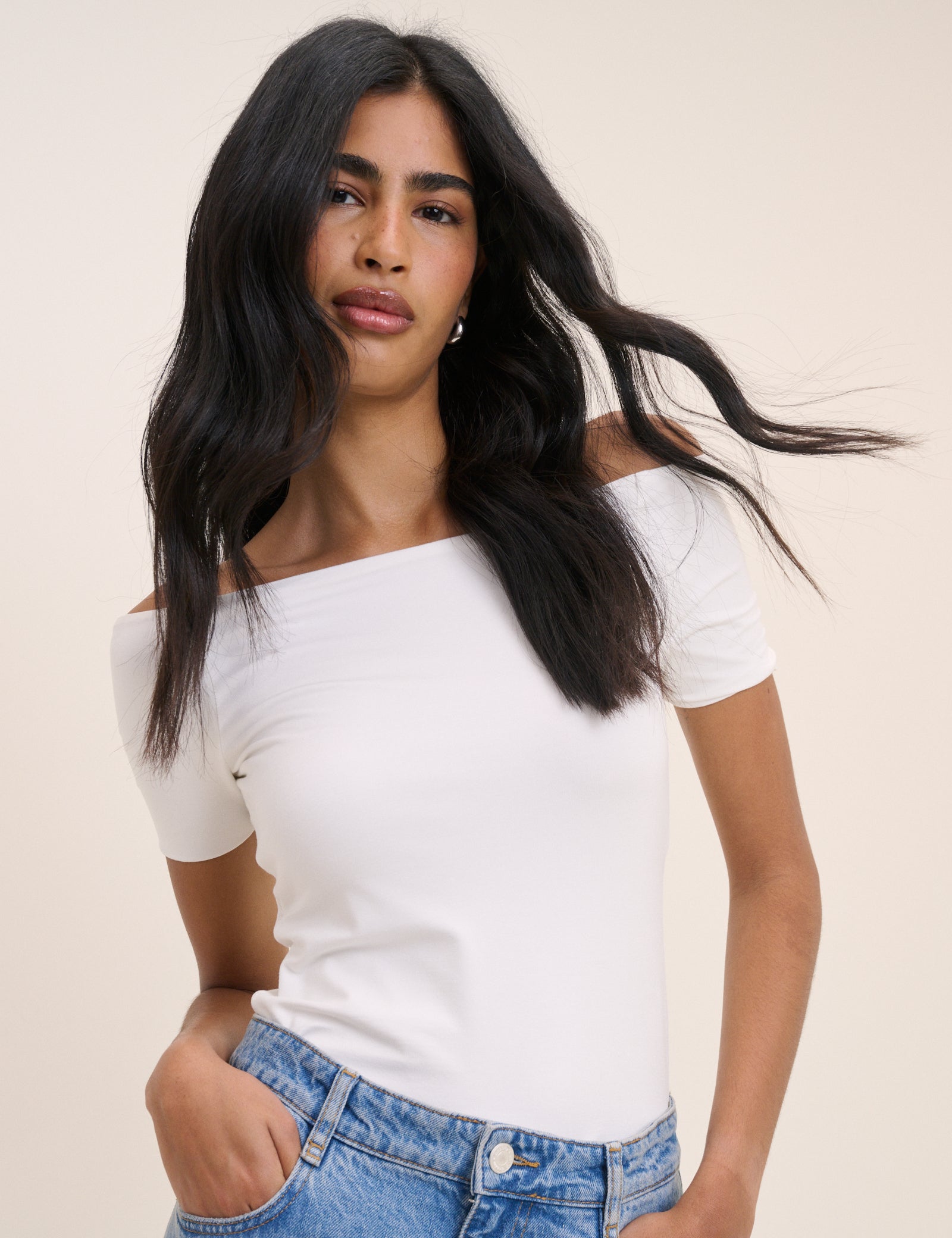 White Bardot Short Sleeve Top