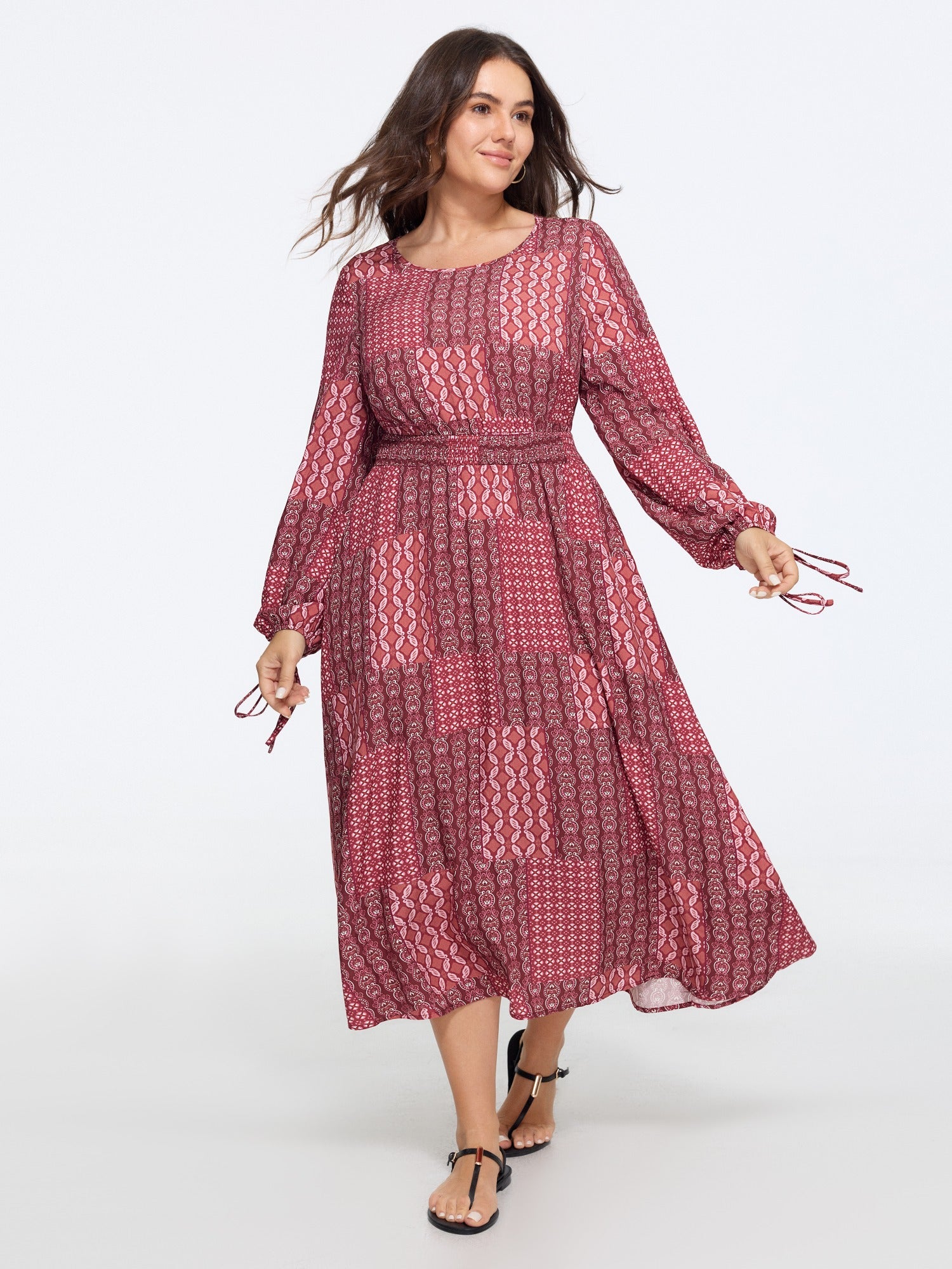 Geometric Print Shirred Waist Midi Dress