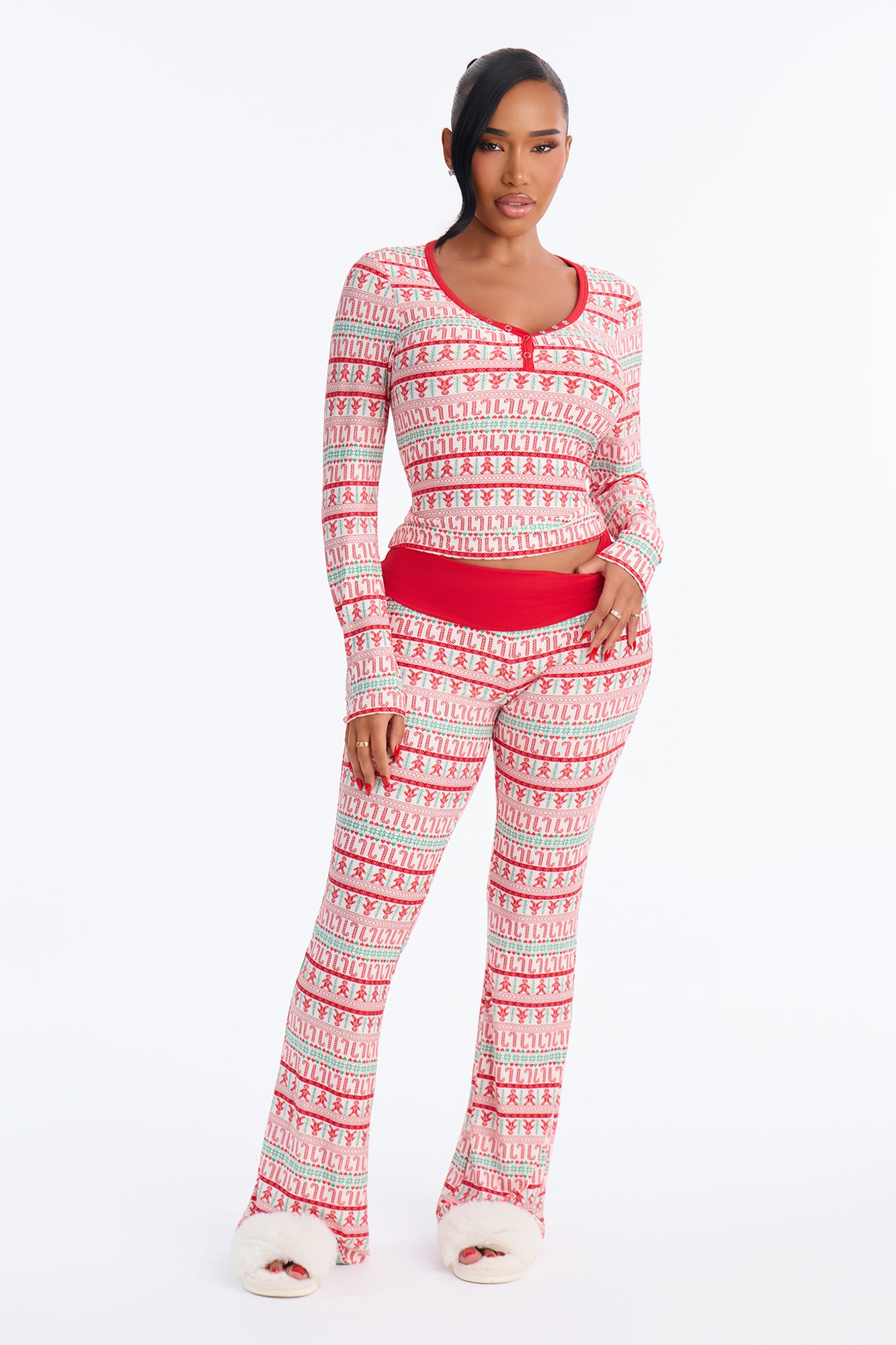 Jolly Treats Fleece Henley PJ Pant Set - White/combo