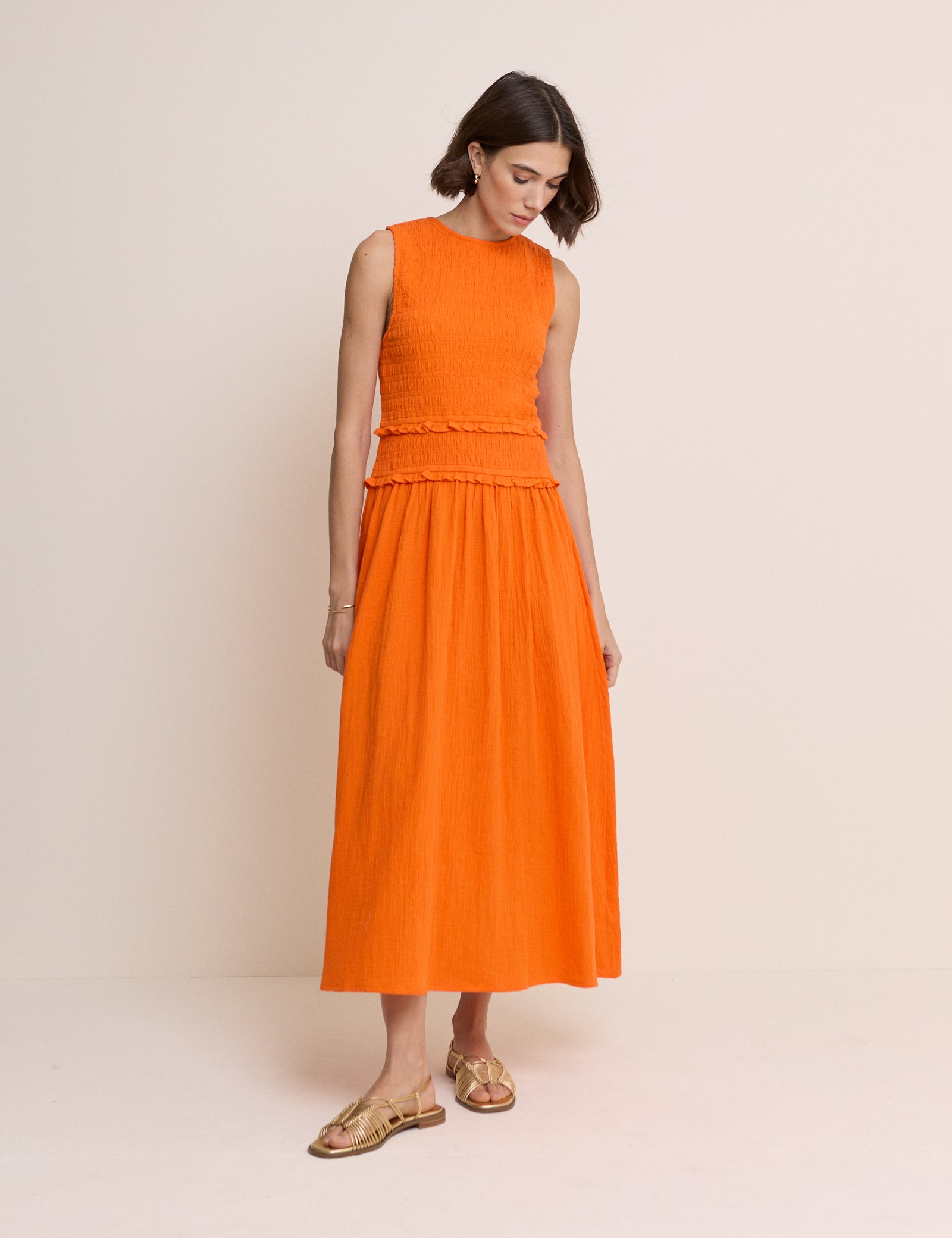 Orange Shirred Bodice Ingrid Midi Dress