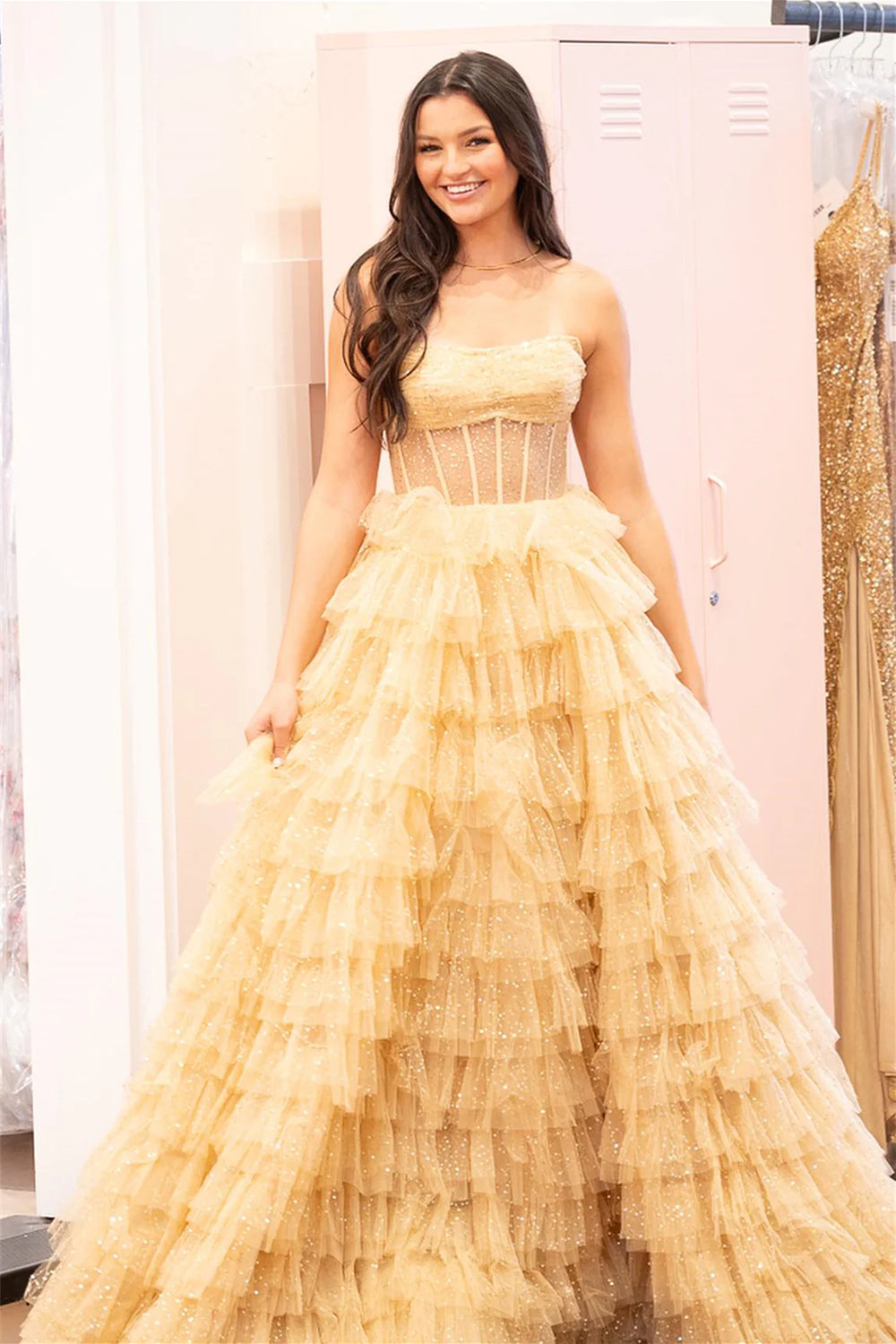Strapless Long Prom Dress in Golden Tulle with Tiered Layers and Slit