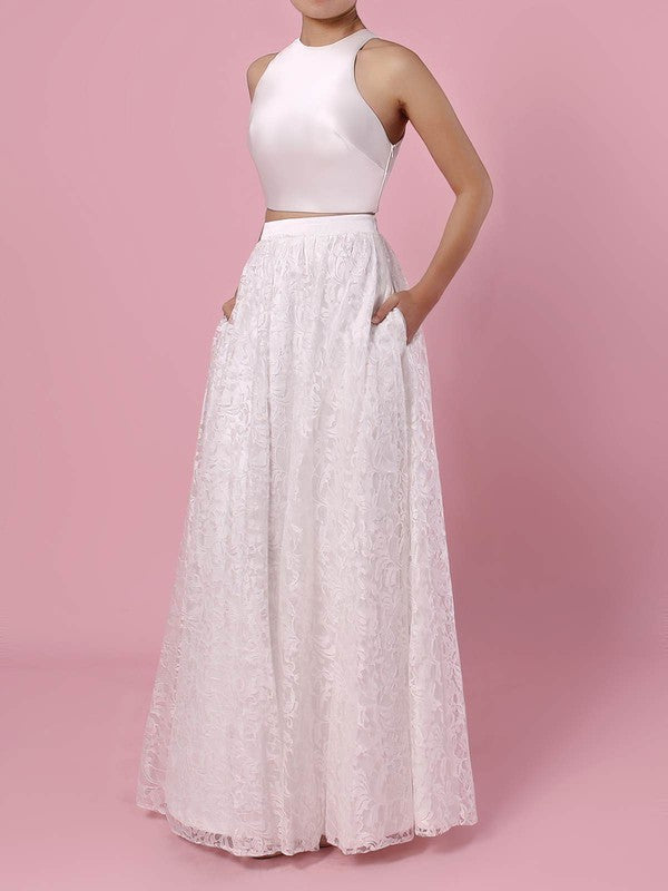 Stylish Two-Piece A-Line Jewel Sleeveless Lace Satin Floor-Length Wedding Dresses with Pockets
