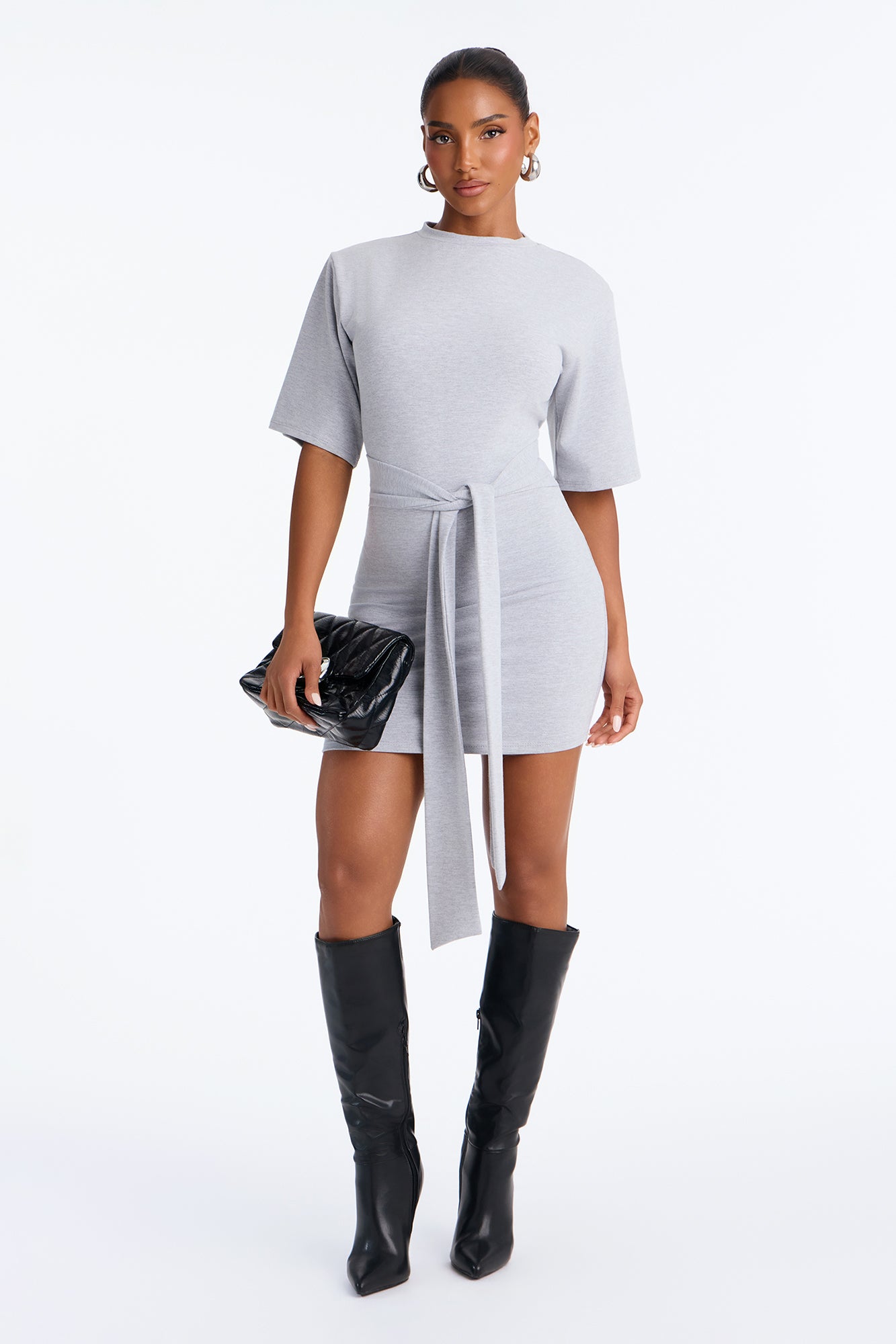 Kalani Tie Front Short Sleeve Mini Dress - Heather Grey