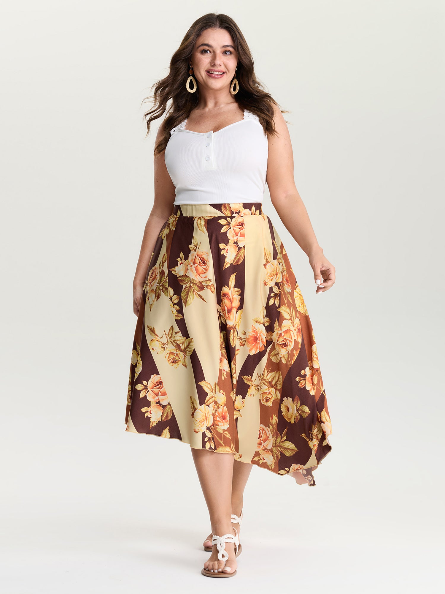 Color Contrast Floral Stripe Asymmetrical Maxi Skirt