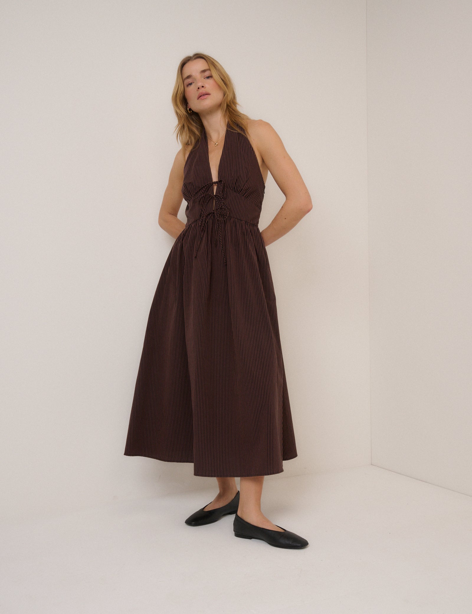 Brown Striped Halterneck Lilijana Midi Dress