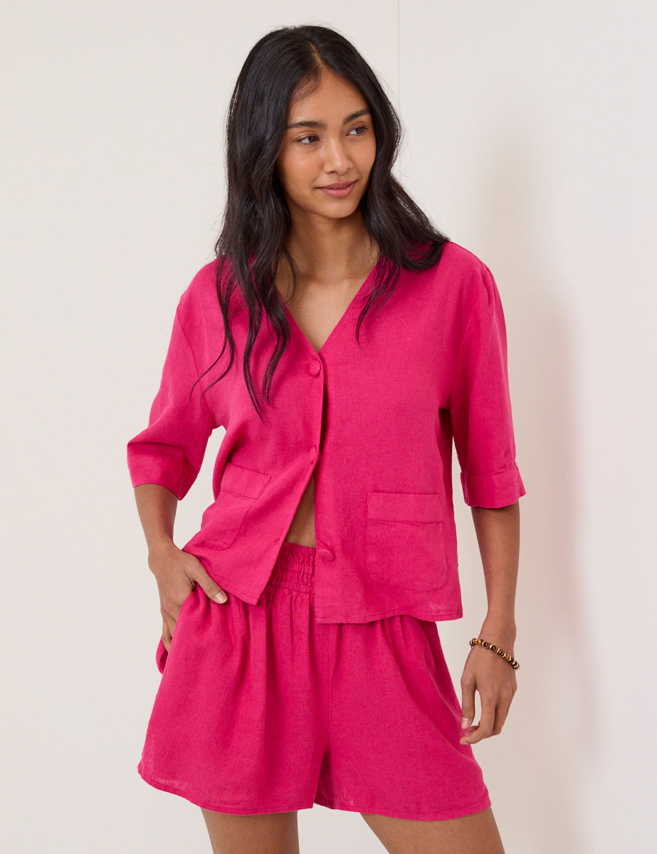 Pink Linen-Rich Elasticated Waist Shorts