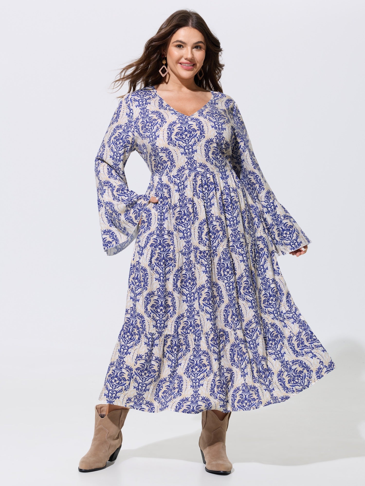 Baroque Print Bell Sleeve Tiered Midi Dress