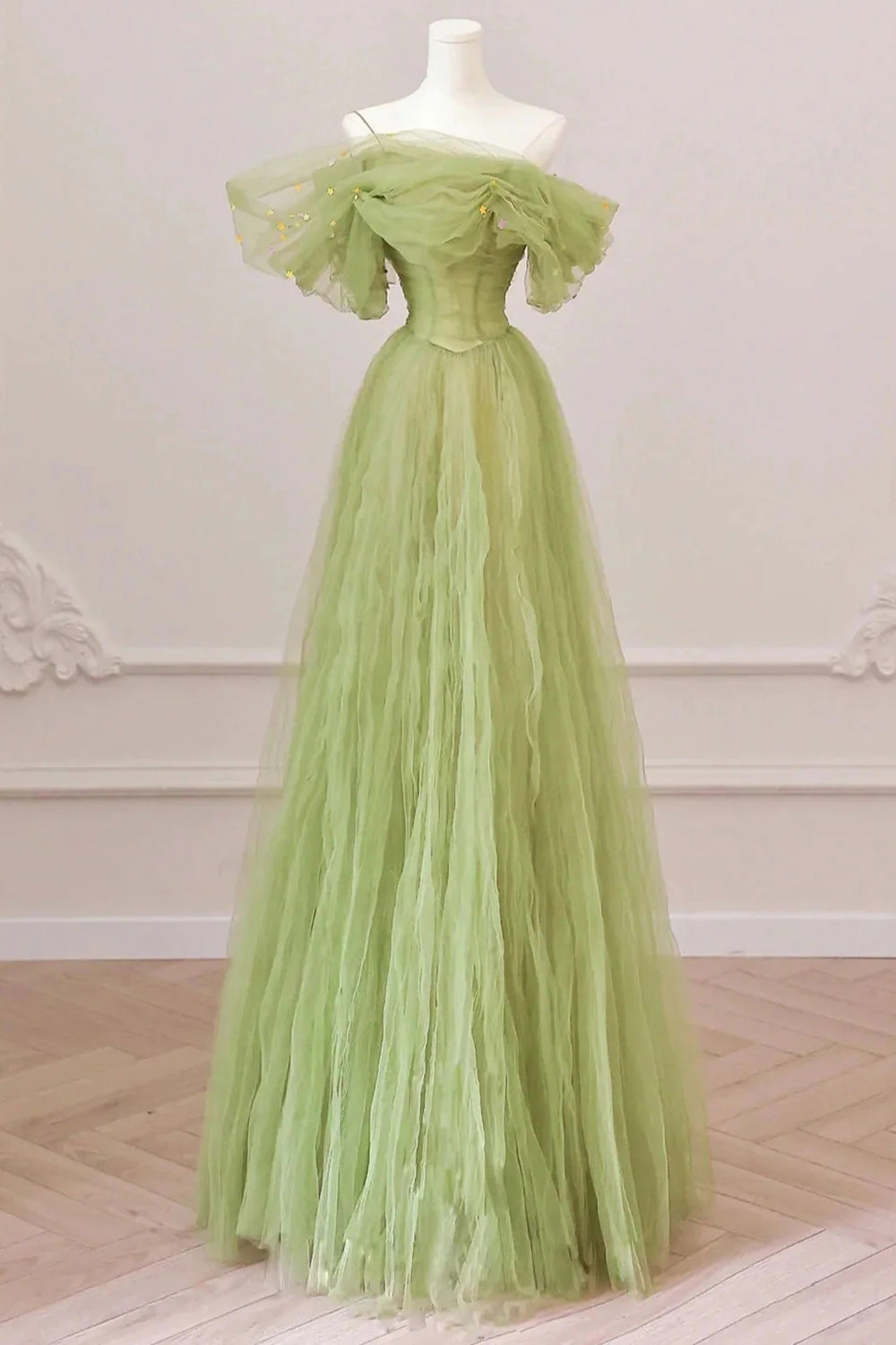 Light Green Long Prom Dress with Off-the-Shoulder A-Line Design