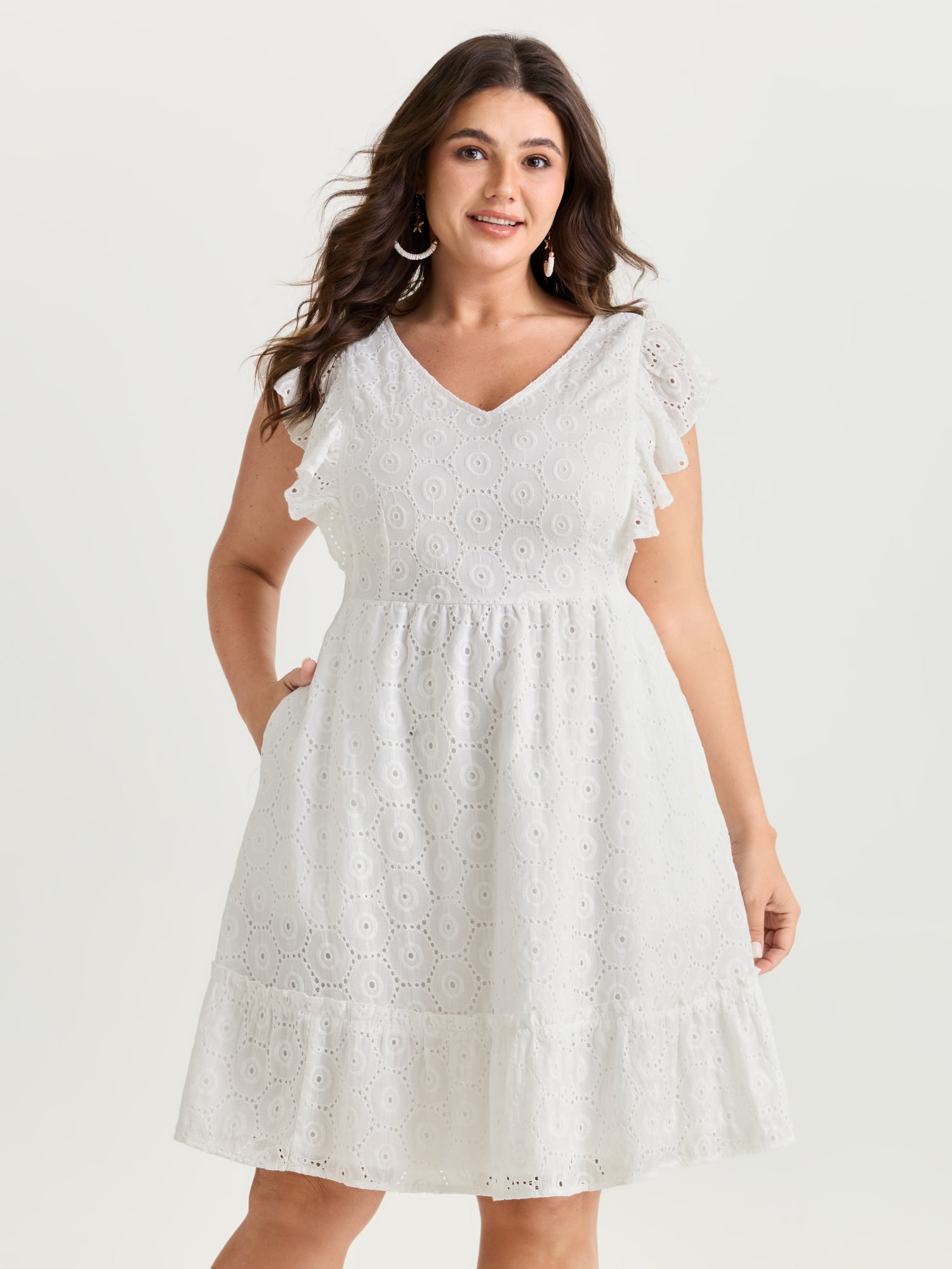 Cotton Textured Ruffled Sleeve V-Neck Mini Dress