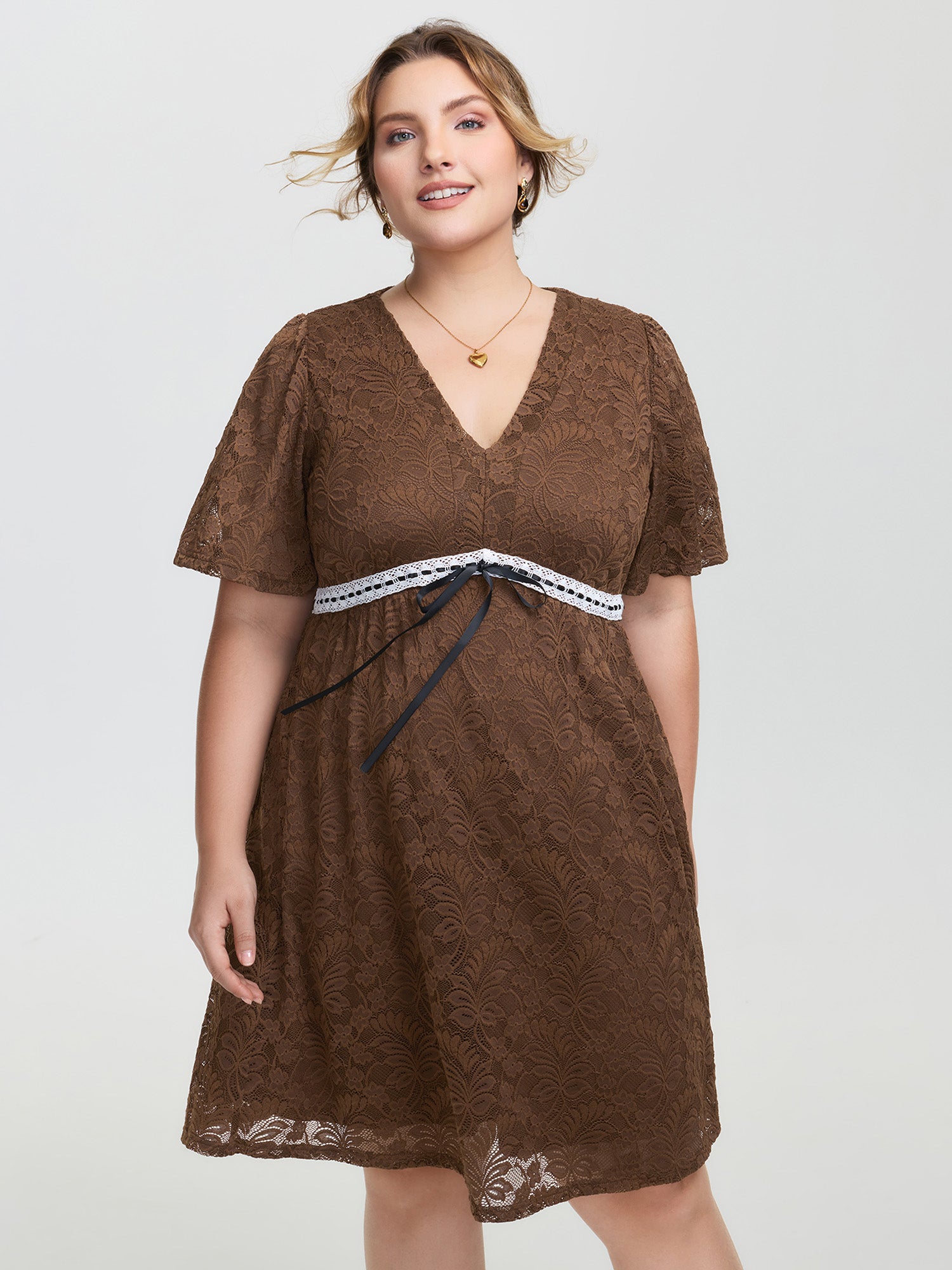 Lace Ruffled Sleeve Waist-Tie Knee-Length Dress