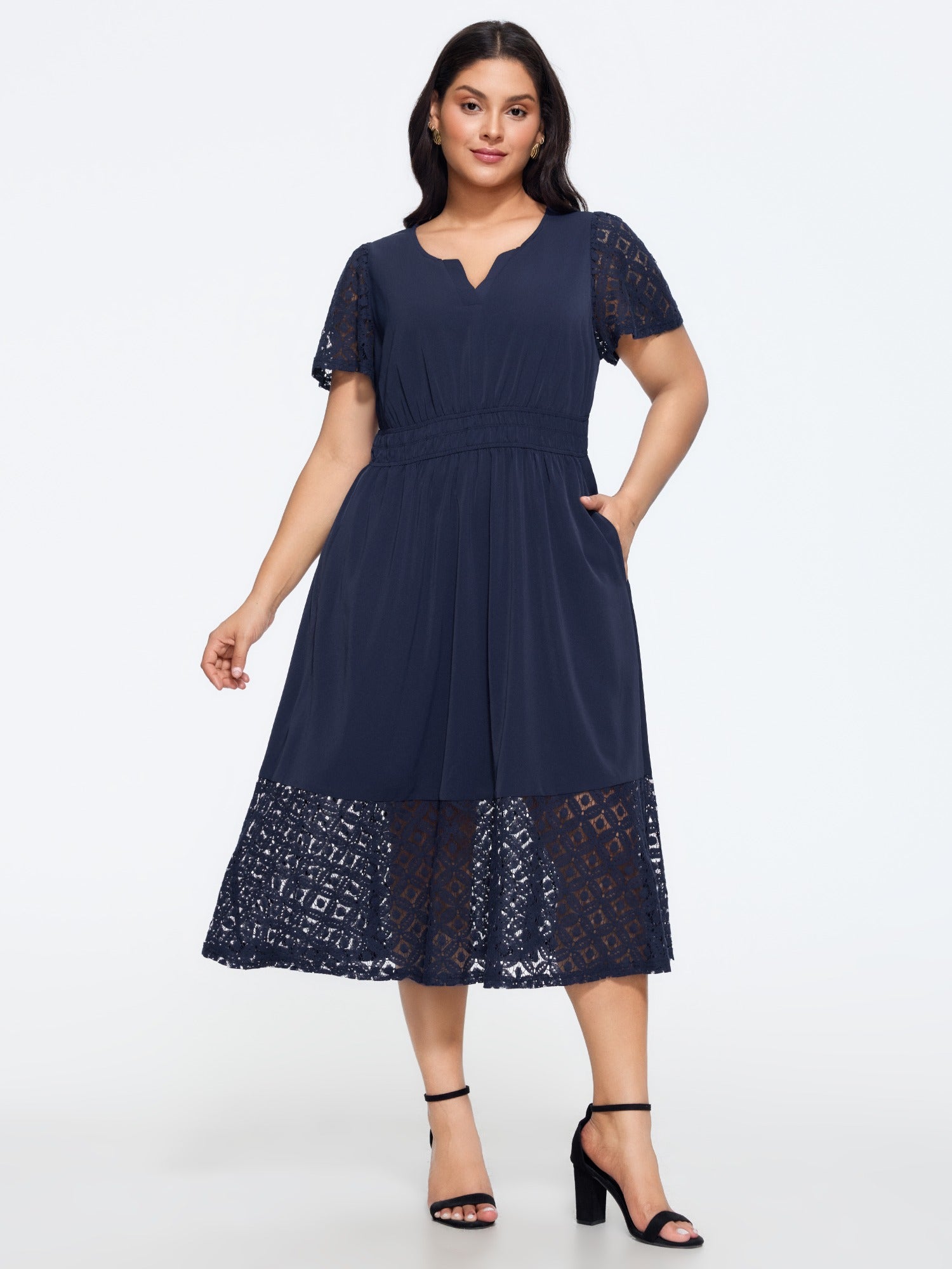 Notch Neck Sheer Lace Patchwork Midi Dress