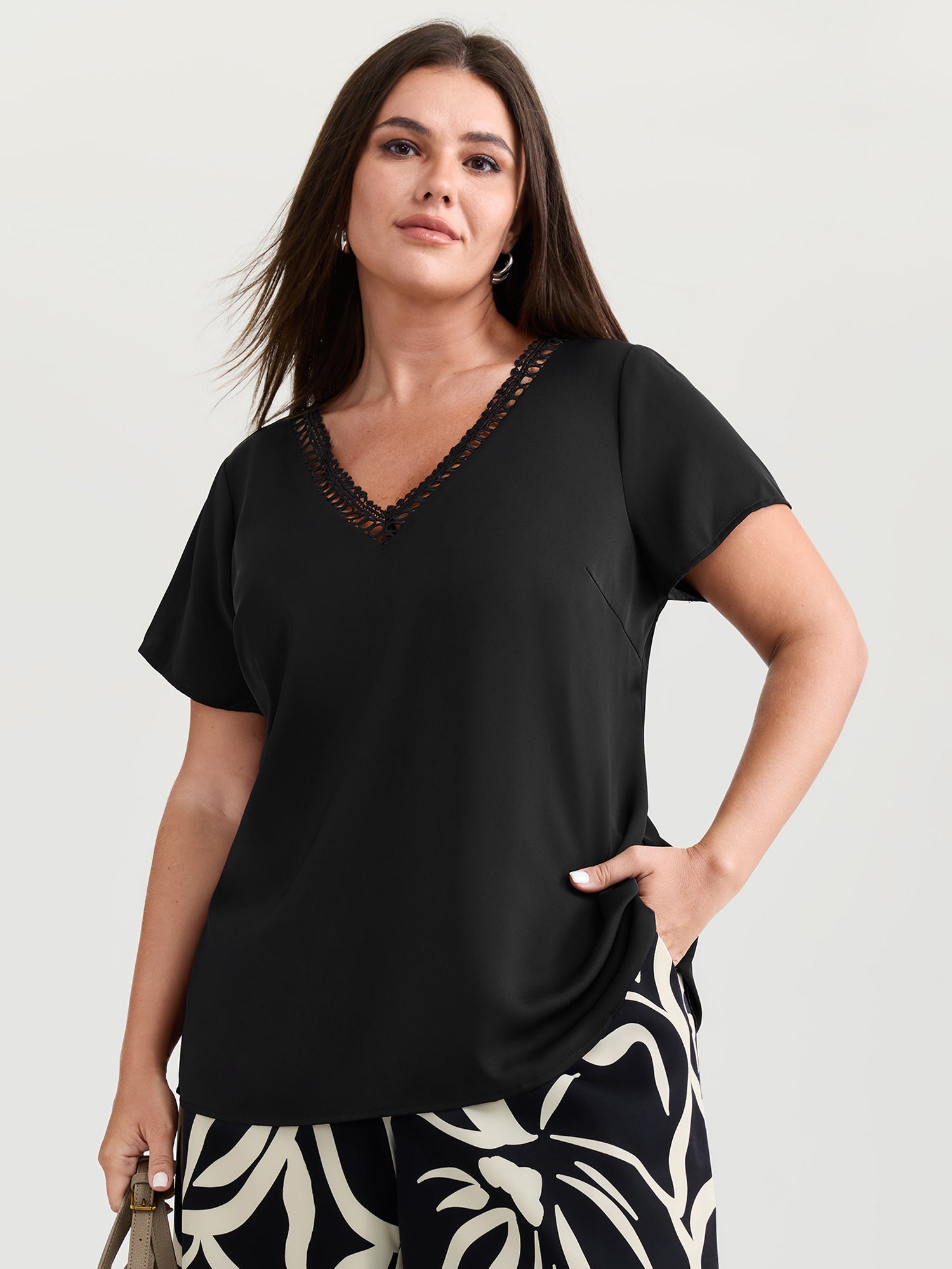 Cut-Out V-Neckline Plain Blouse