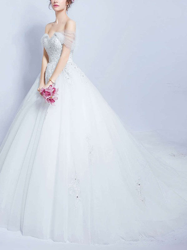 Gorgeous Ball Gown Off-The-Shoulder Tulle Court Train Wedding Dresses with Beads