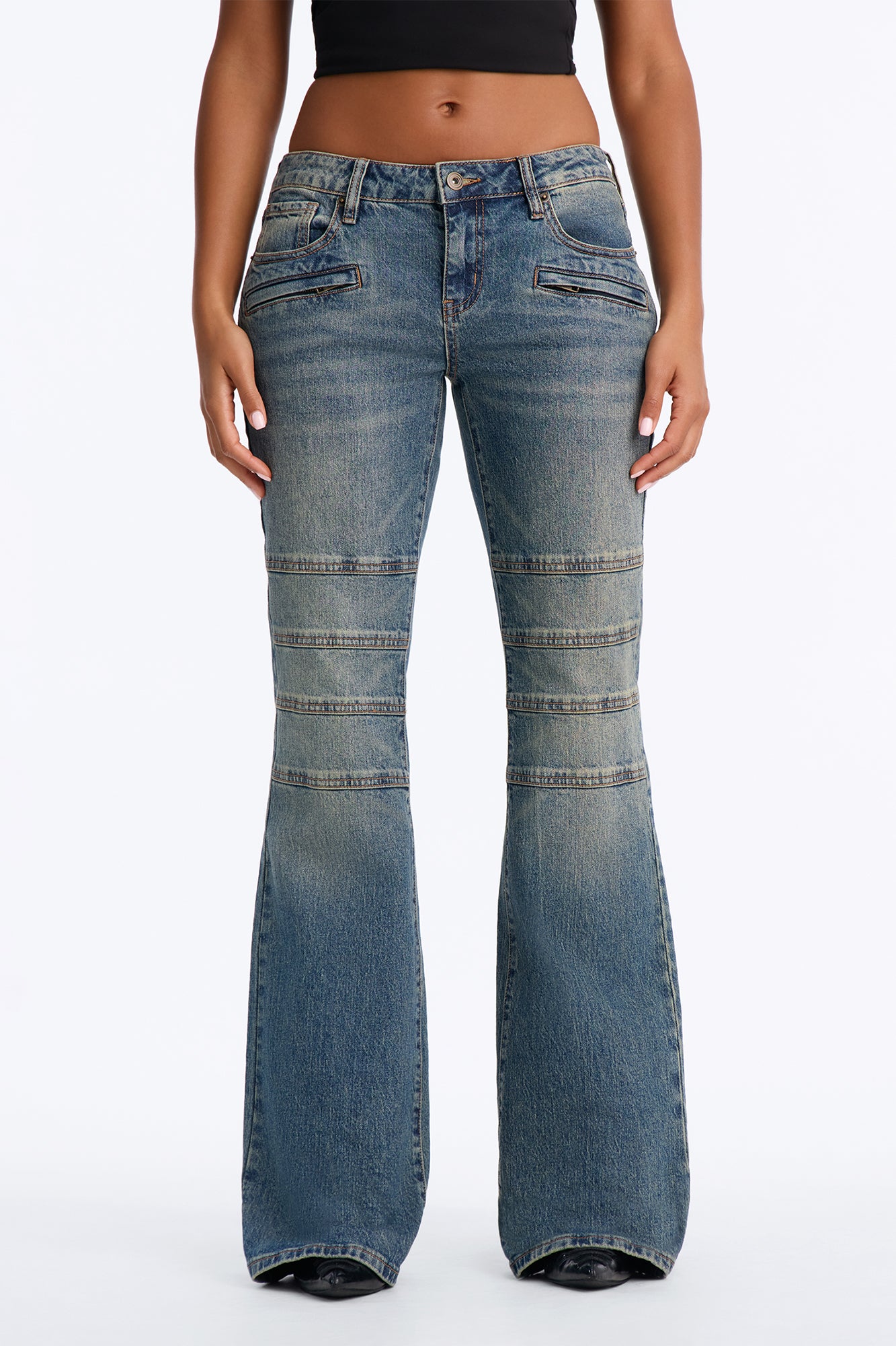 Serafina Low Rise Vintage Moto Flare Leg Jeans - Vintage Wash