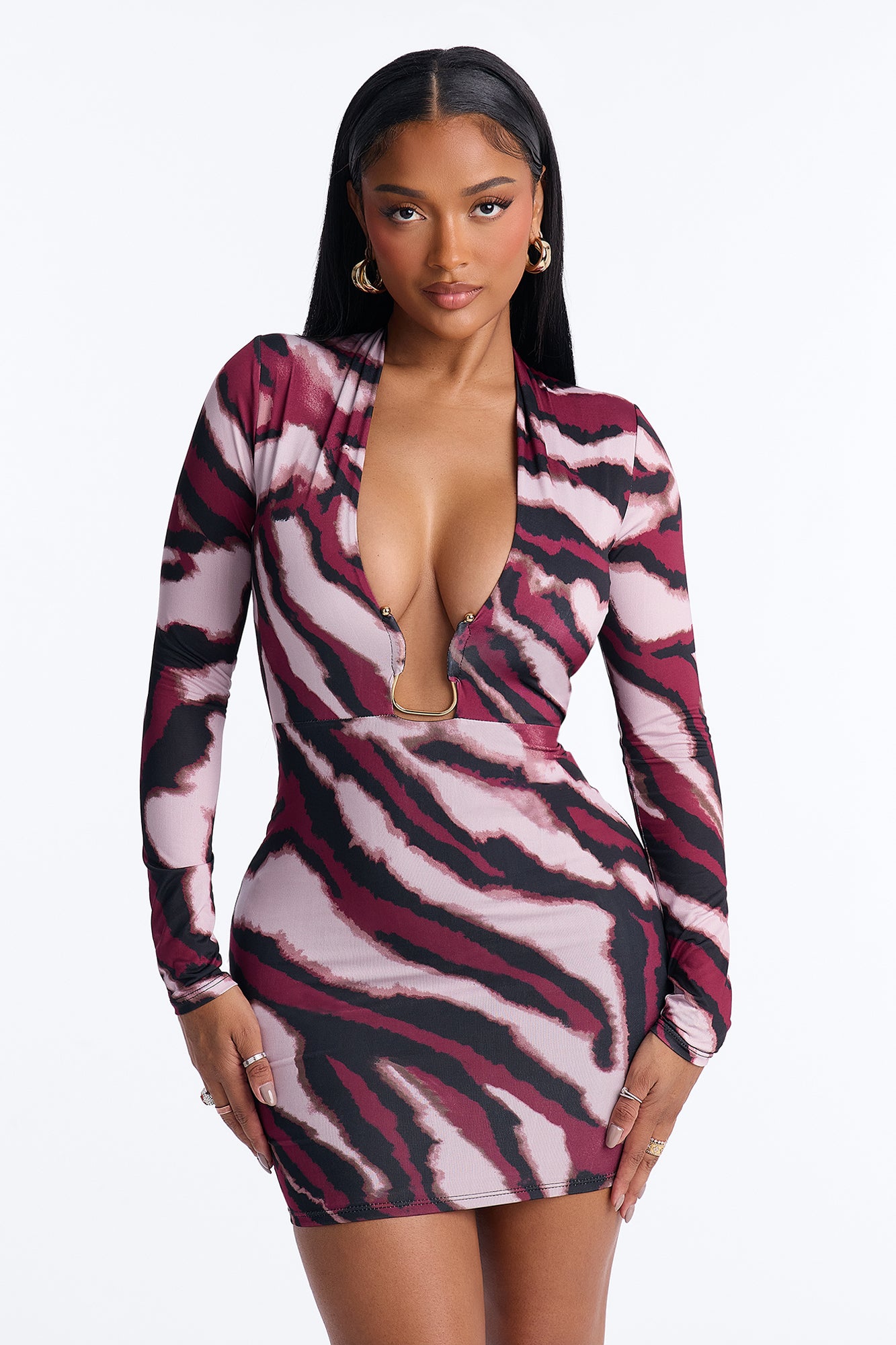 Lylah Long Sleeve Abstract Mini Dress - Plum/Combo