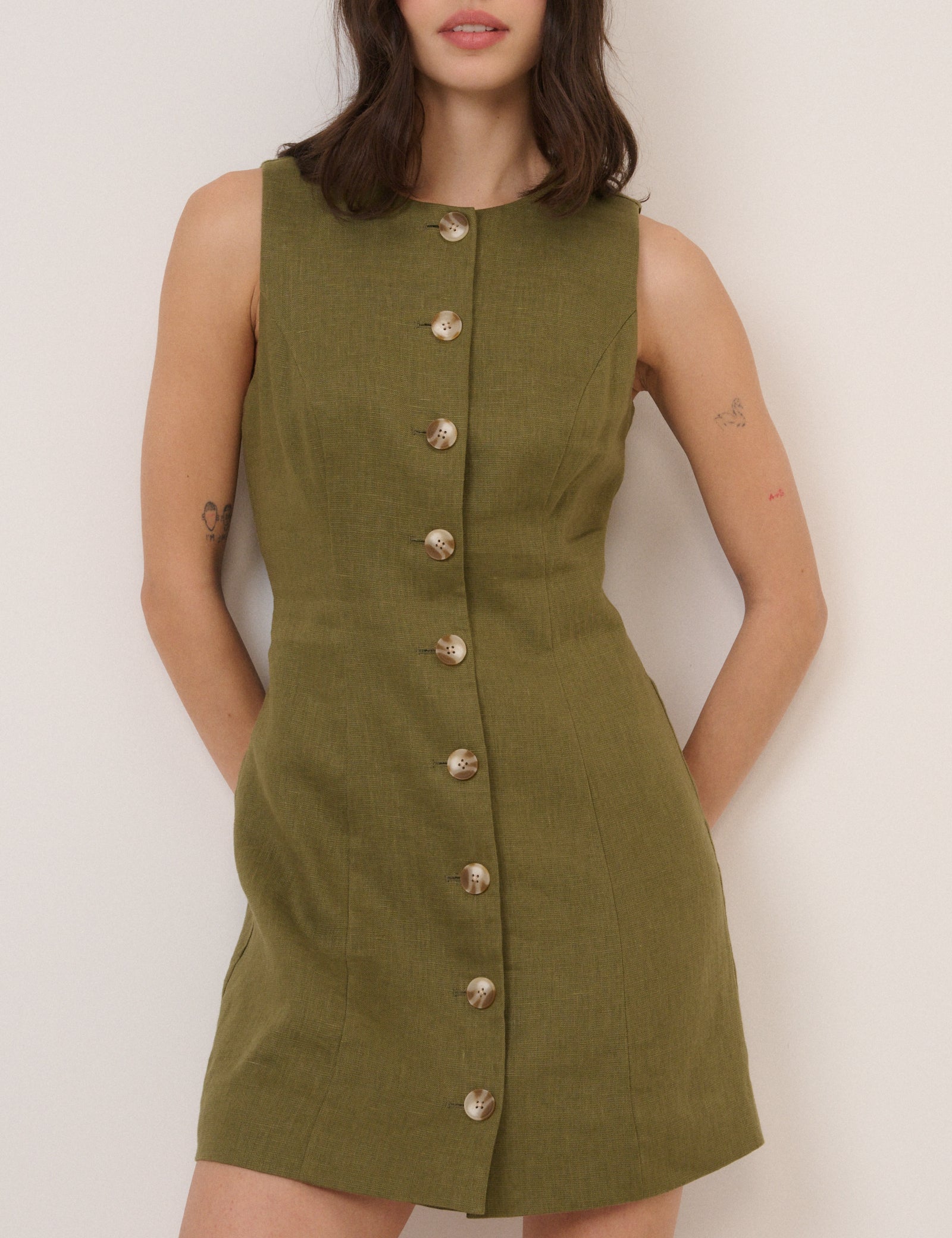 Green Linen-Blend Button Front Mini Dress