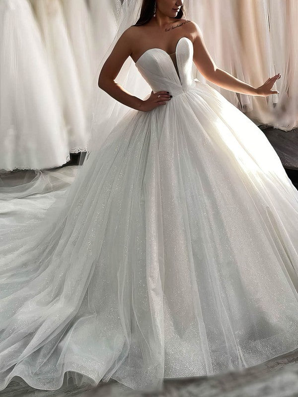 Luxurious V-Neck Strapless Sequined Ball Gown Wedding Dresses