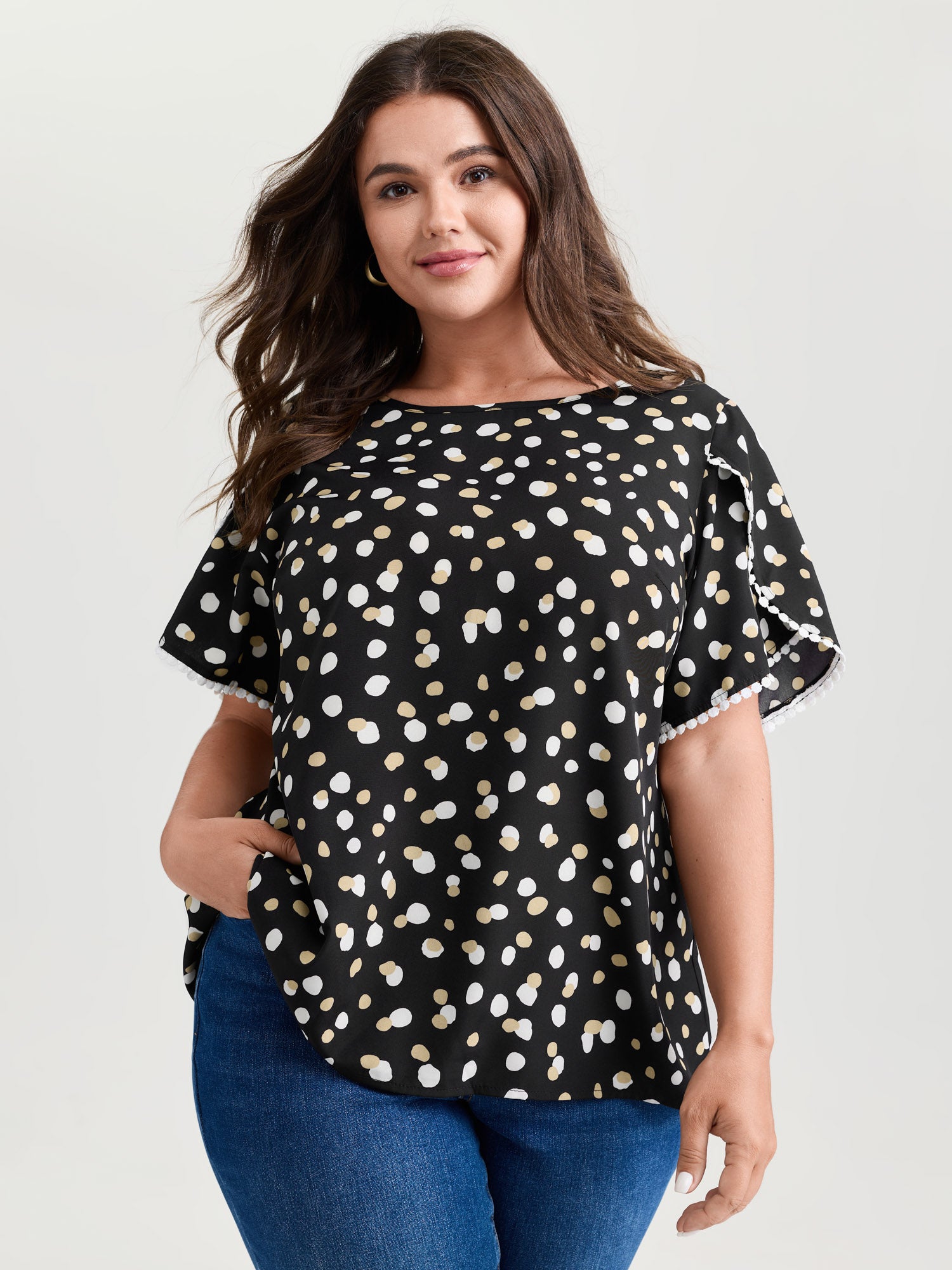 Irregular Polka Dots Print Lace Trim Blouse