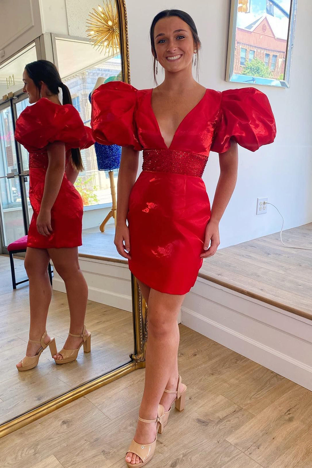 Sparkly Red Puff Sleeves Tight Short Homecoming Dress/Mini Dress with Beading