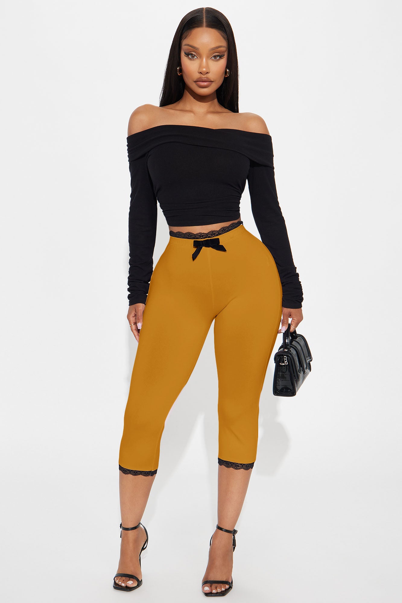 Valentina Solid Lace Trim Capri Legging - Mustard