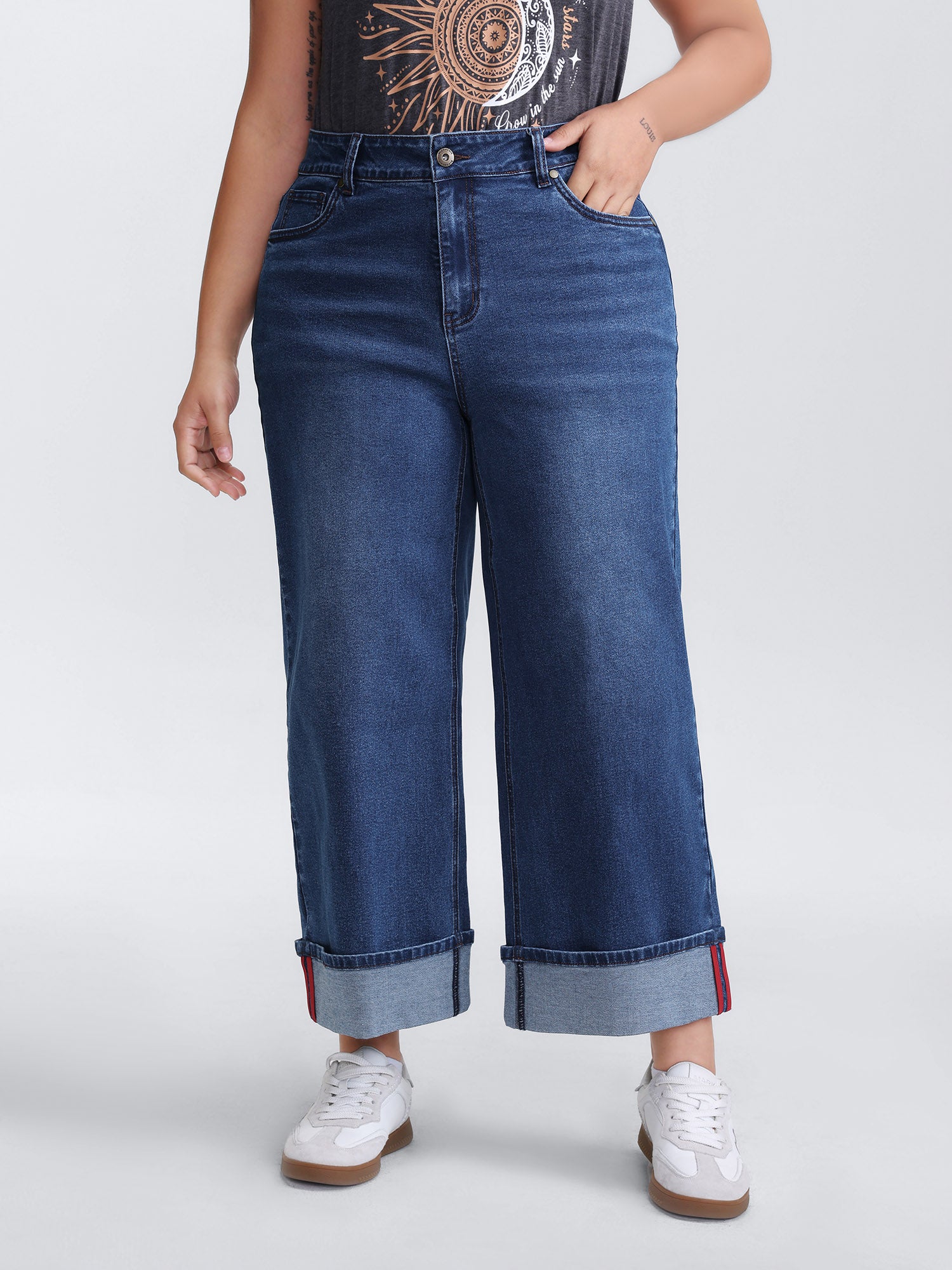 Classic Folded Hem Wide-Leg Cropped Jeans