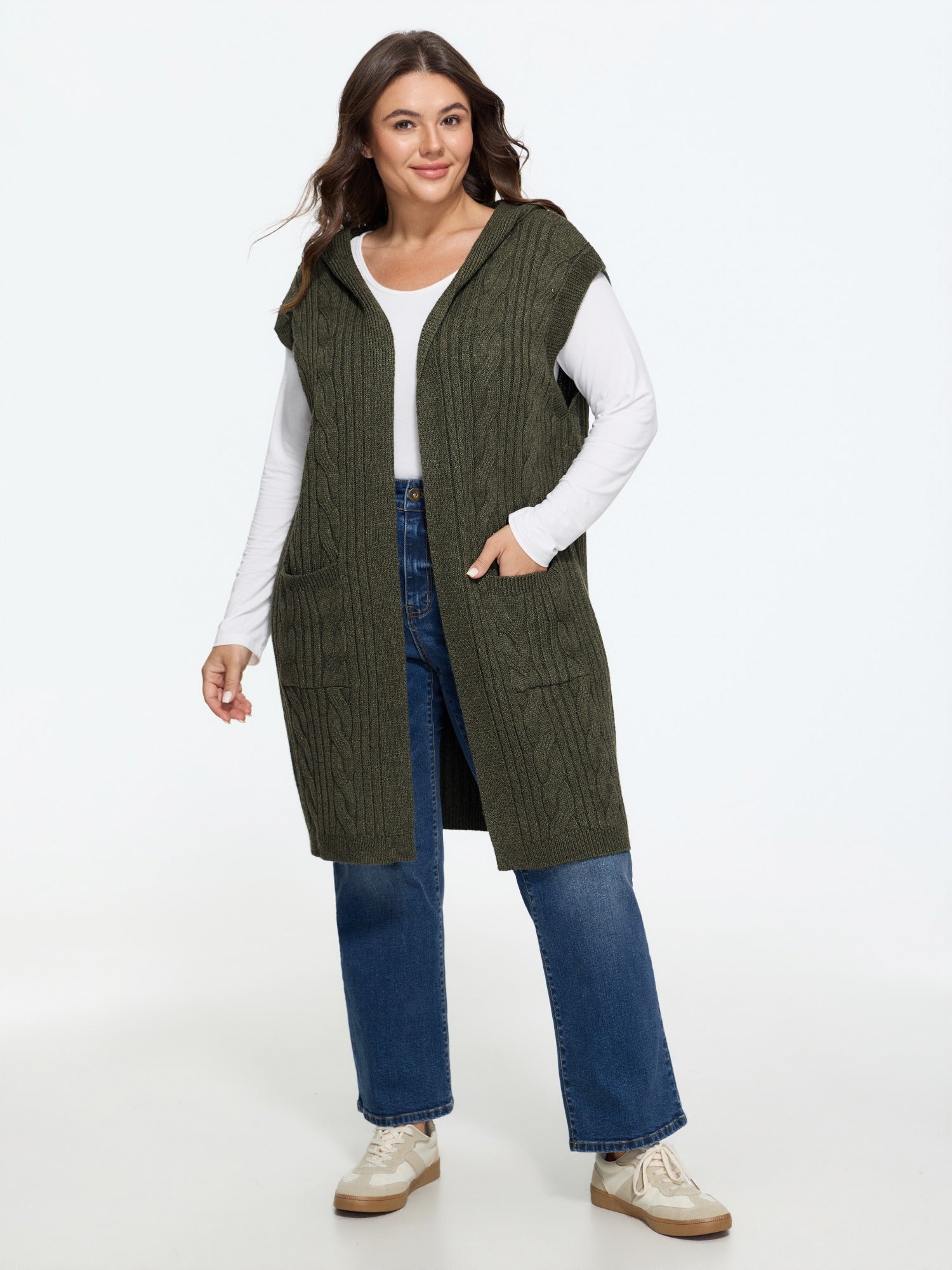 Hooded Cable Knit Long Sweater Vest