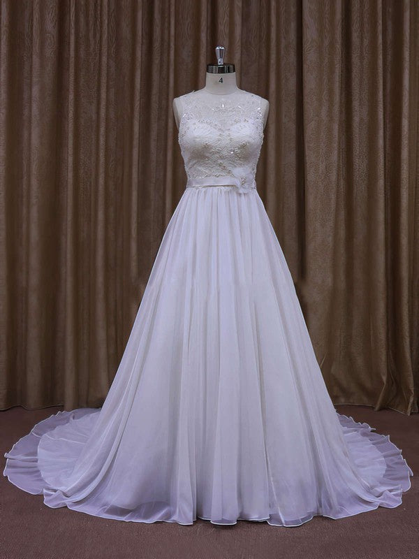 Elegant Ball Gown Sleeveless Chiffon Court Train Wedding Dresses with Sash
