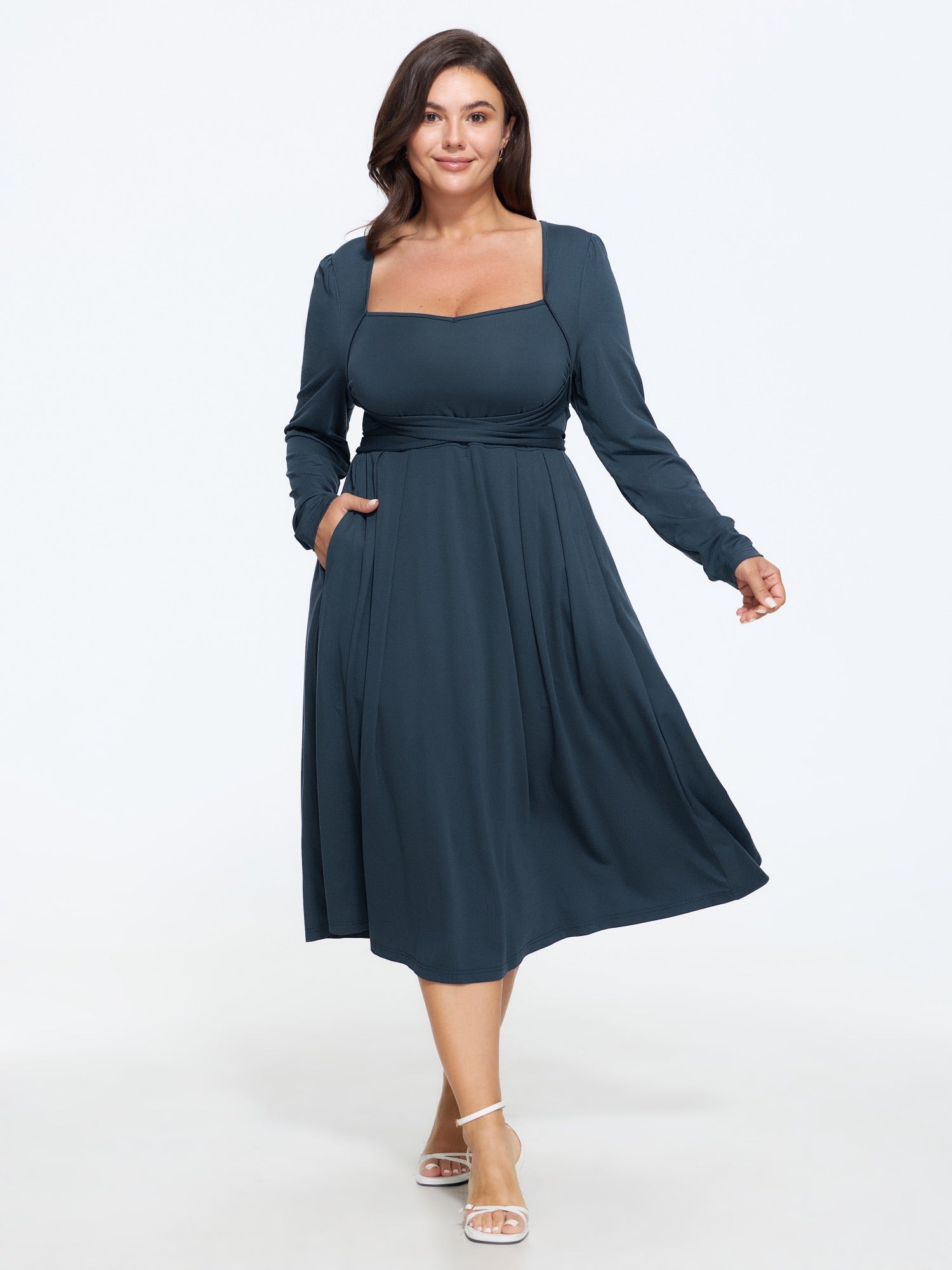 Stretch Square Neck Cross Tie Waist Midi Dress