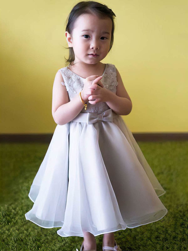 Trendy A-Line Crew Neck Organza Ankle-length Lace Flower Girl Dresses with Appliques